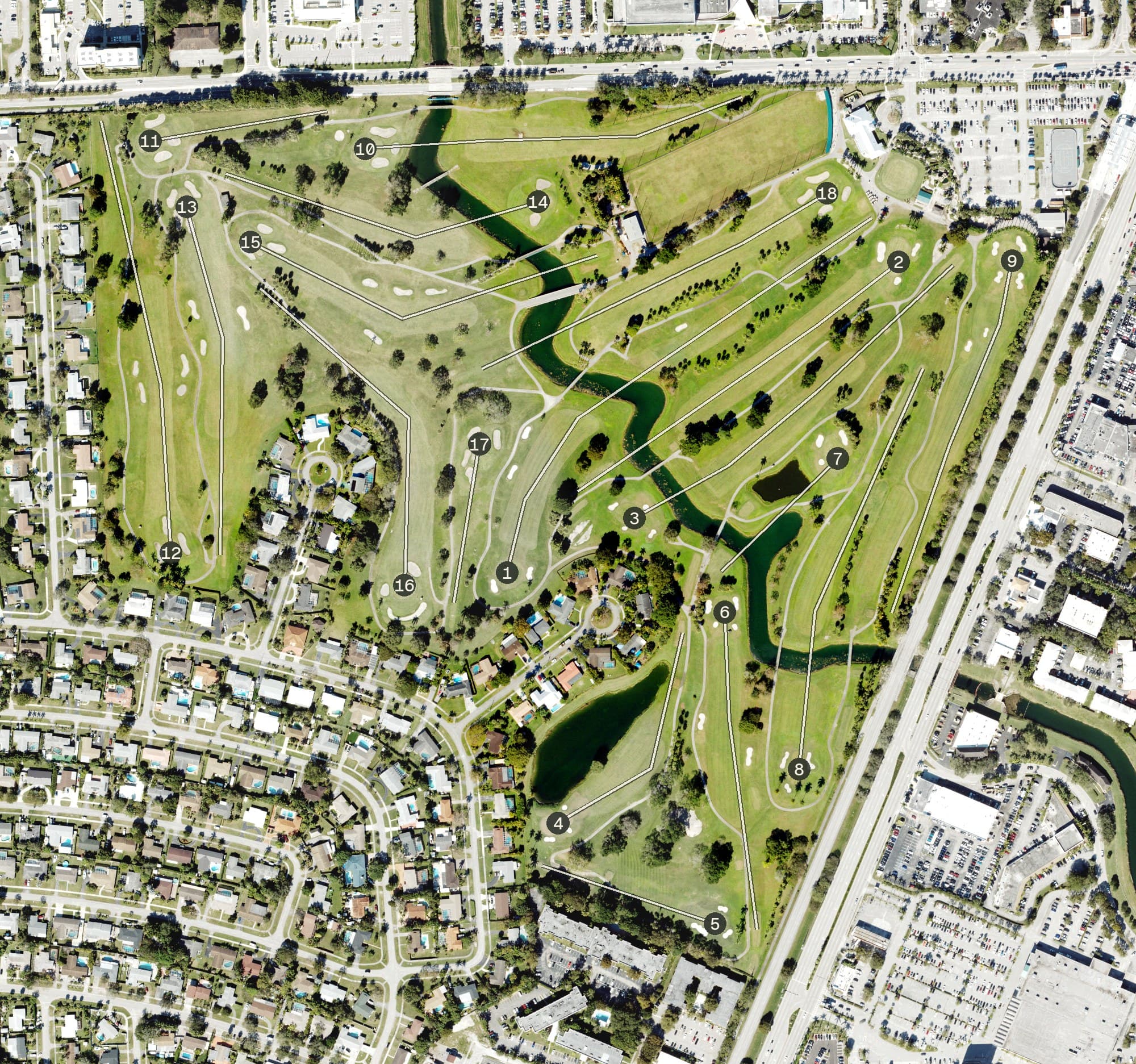 Aerial view of Palmetto Golf Course, FL, with its hole routing marked