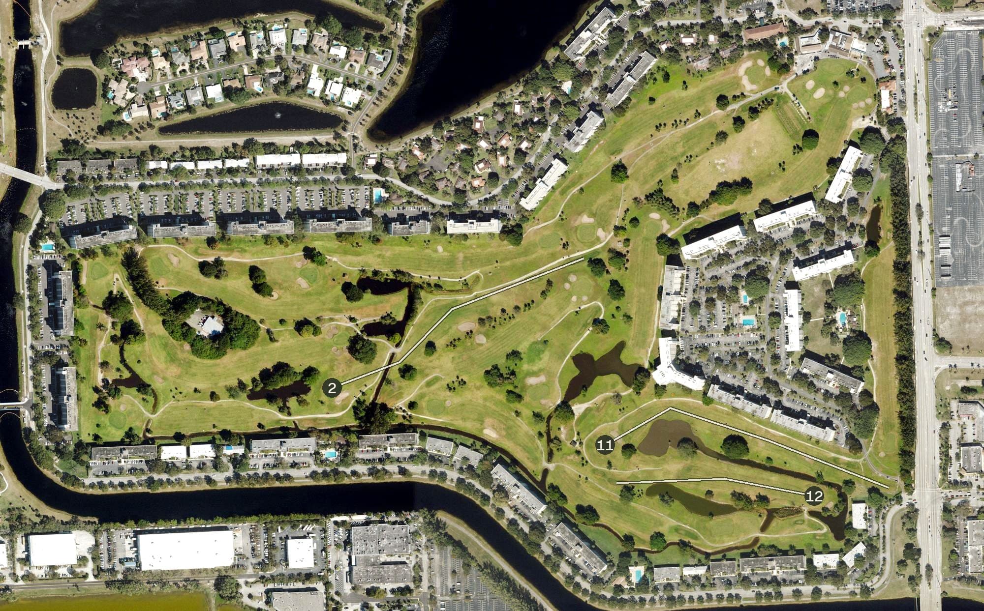 Aerial view of Palms Course, FL, with its hole routing marked