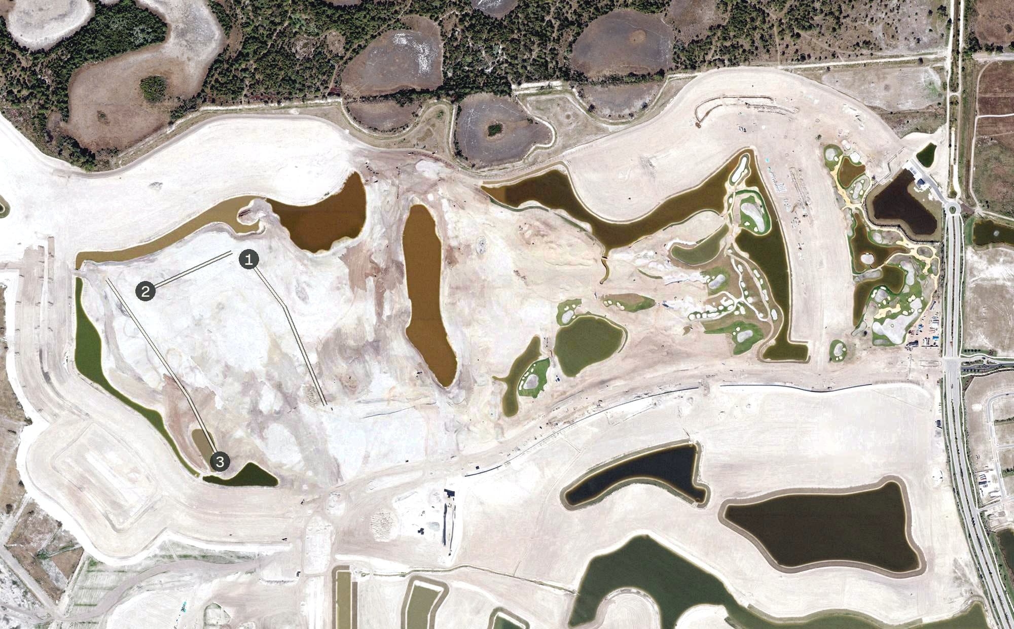 Aerial view of Panther National, FL, with its hole routing marked