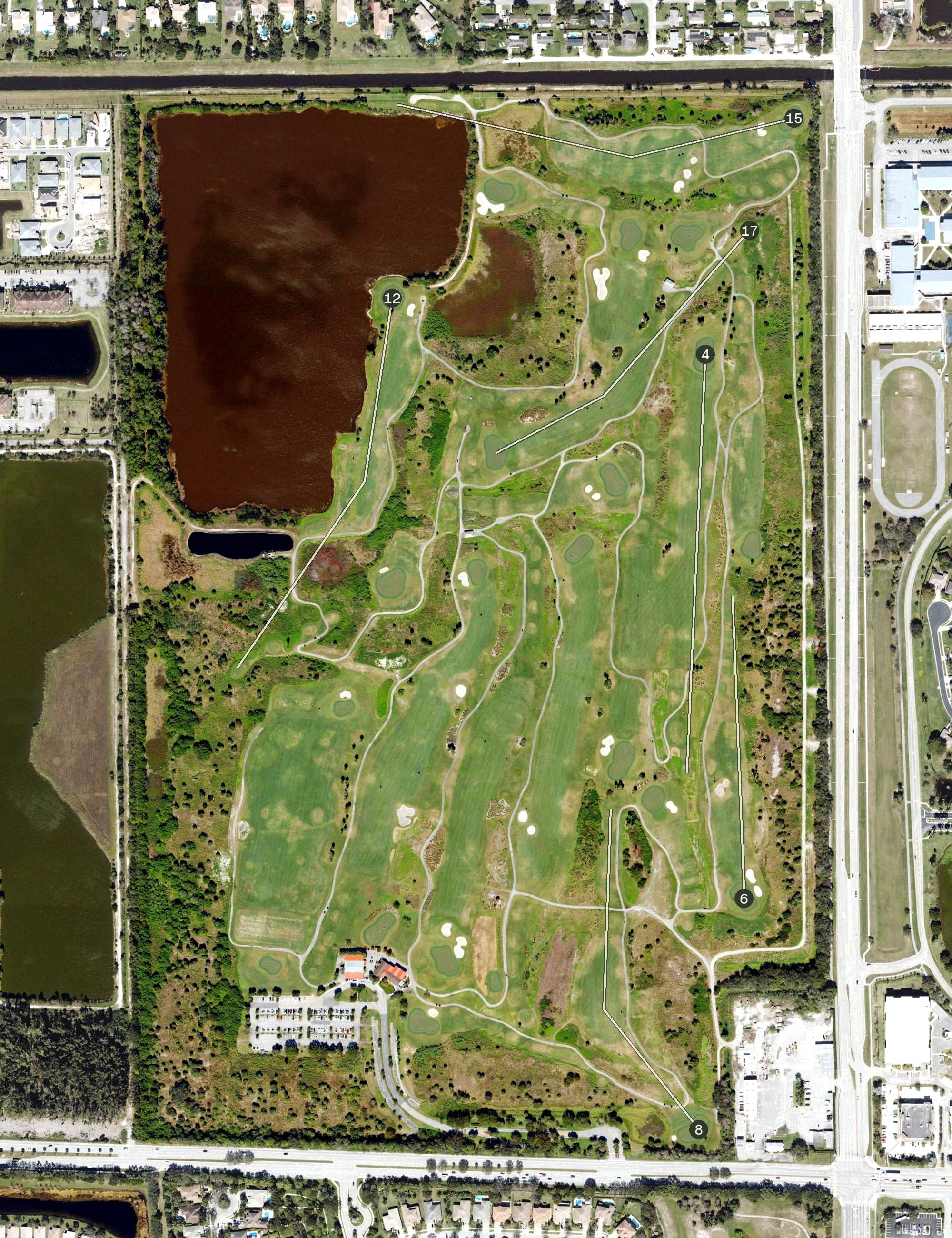 Aerial view of Park Ridge Golf Course, FL, with its hole routing marked