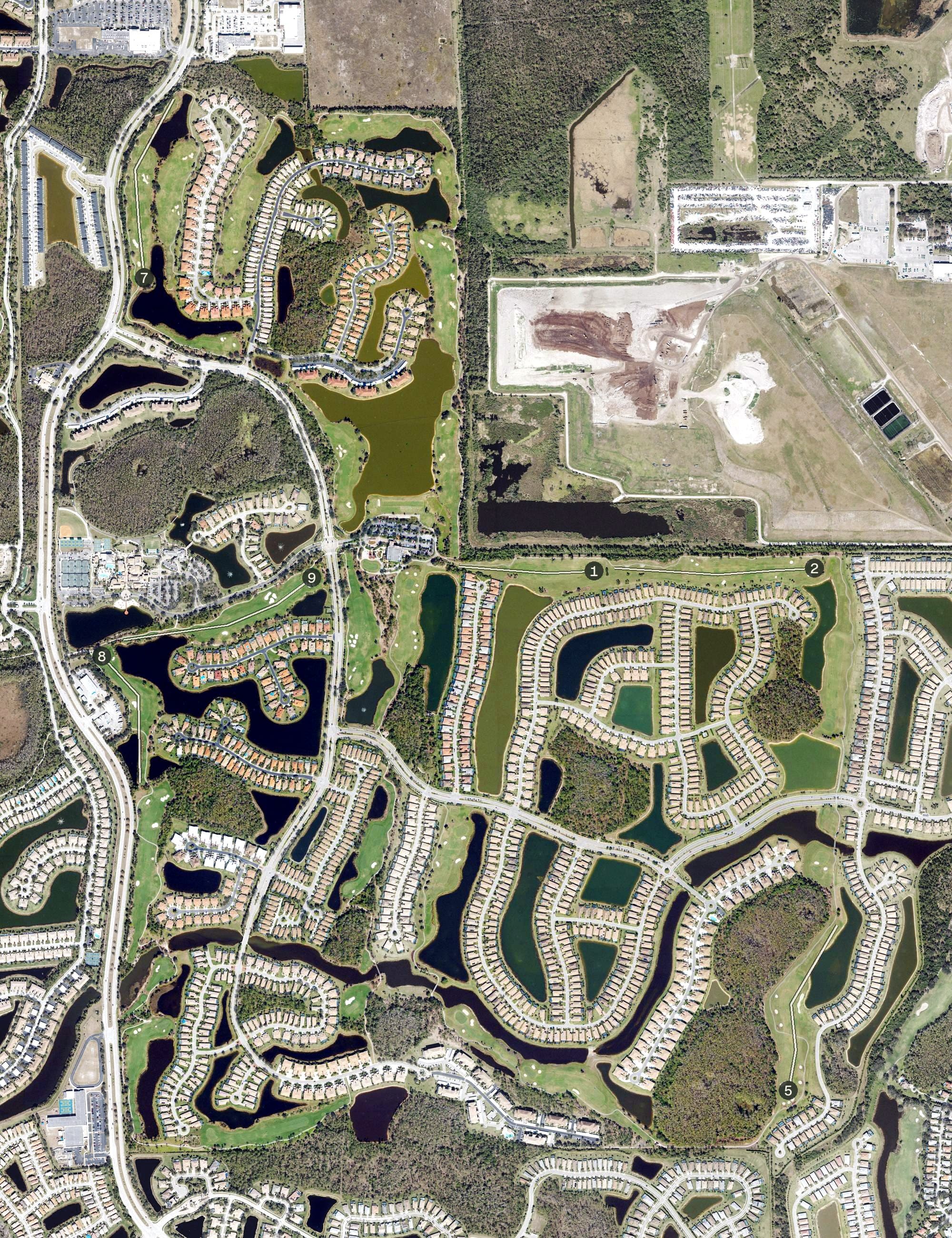 Aerial view of Pelican Preserve Golf Club, FL, with its hole routing marked