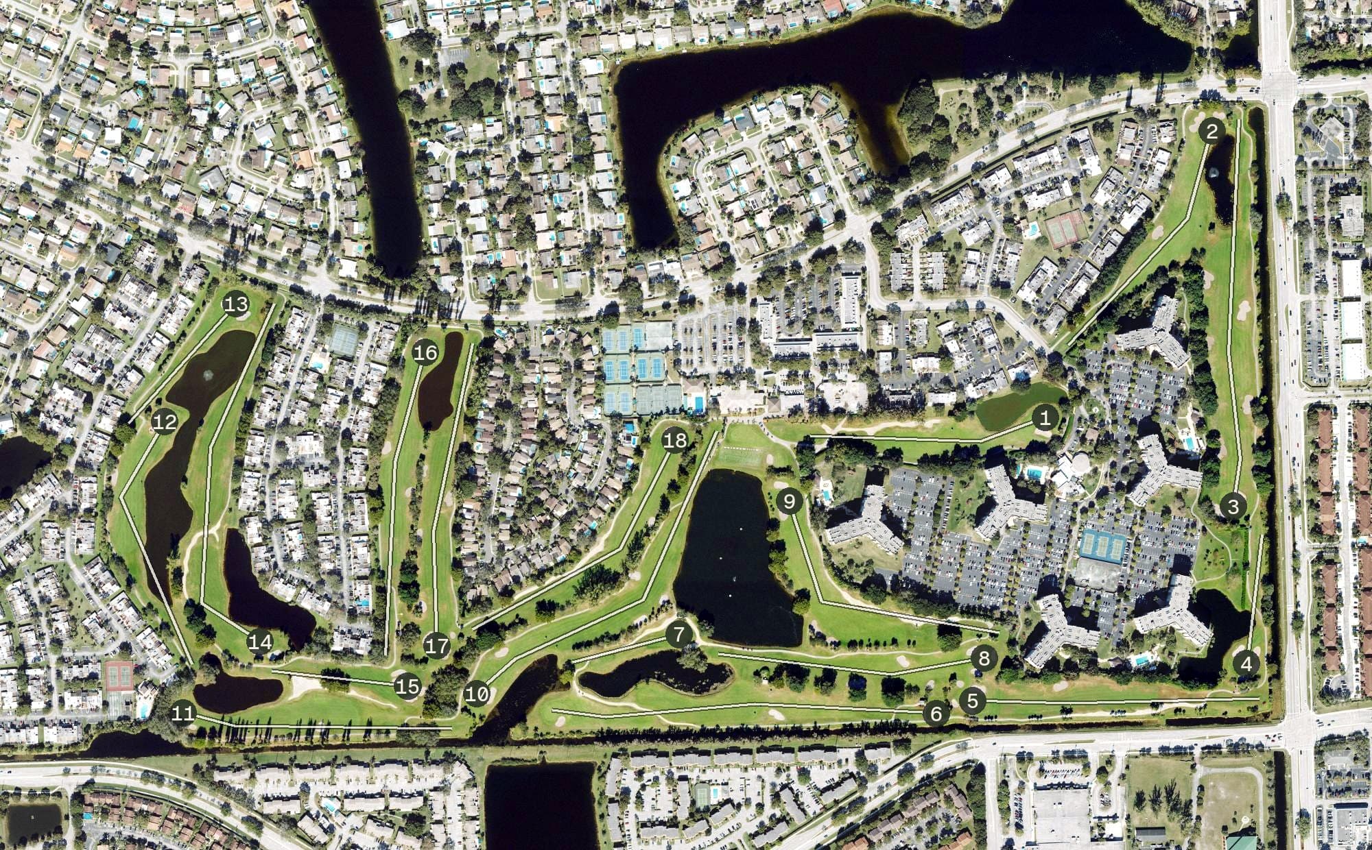 Aerial view of Pembroke Lakes Golf, FL, with its hole routing marked