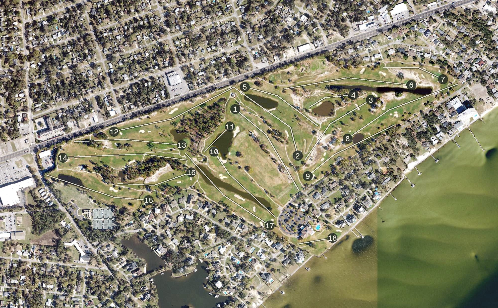 Aerial view of Pensacola Country Club, FL, with its hole routing marked