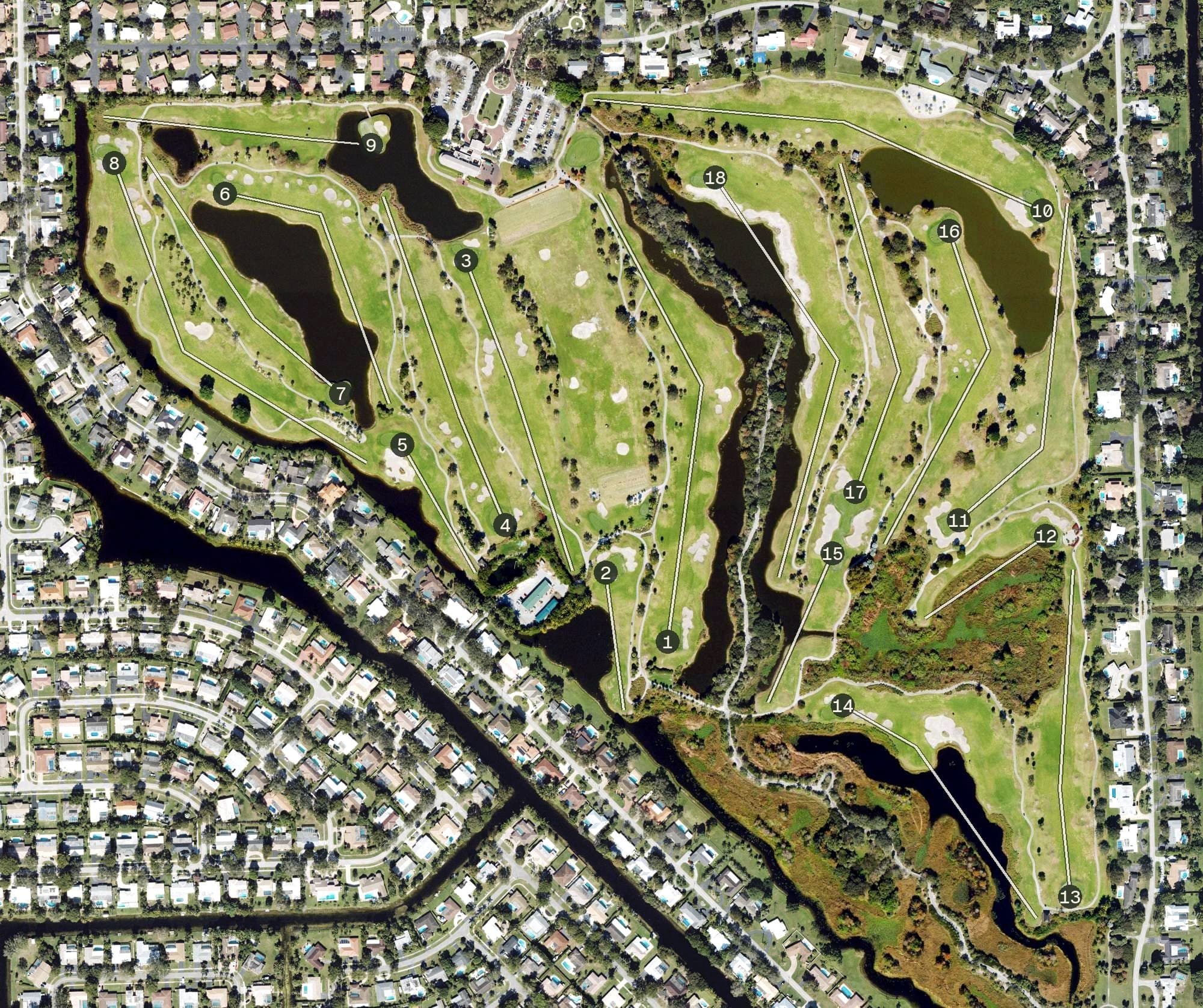 Aerial view of Plantation Preserve Golf Course & Club, FL, with its hole routing marked