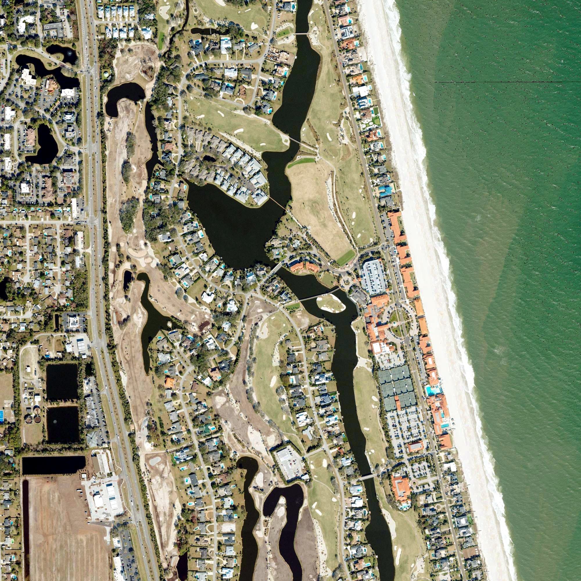Aerial view of Ponte Vedra Golf Course, FL, with its hole routing marked