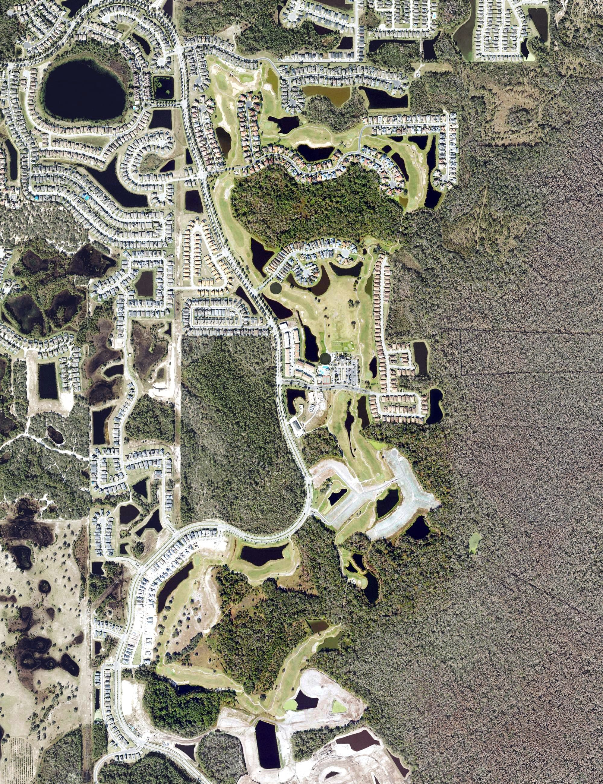 Aerial view of Providence Golf Club, FL, with its hole routing marked