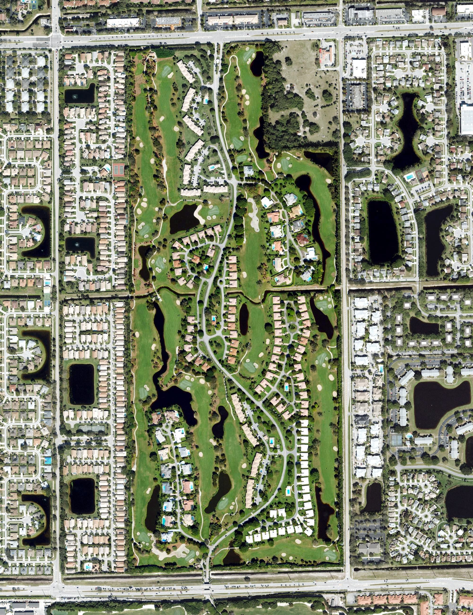 Aerial view of Quail Ridge Country Club - North Course, FL, with its hole routing marked
