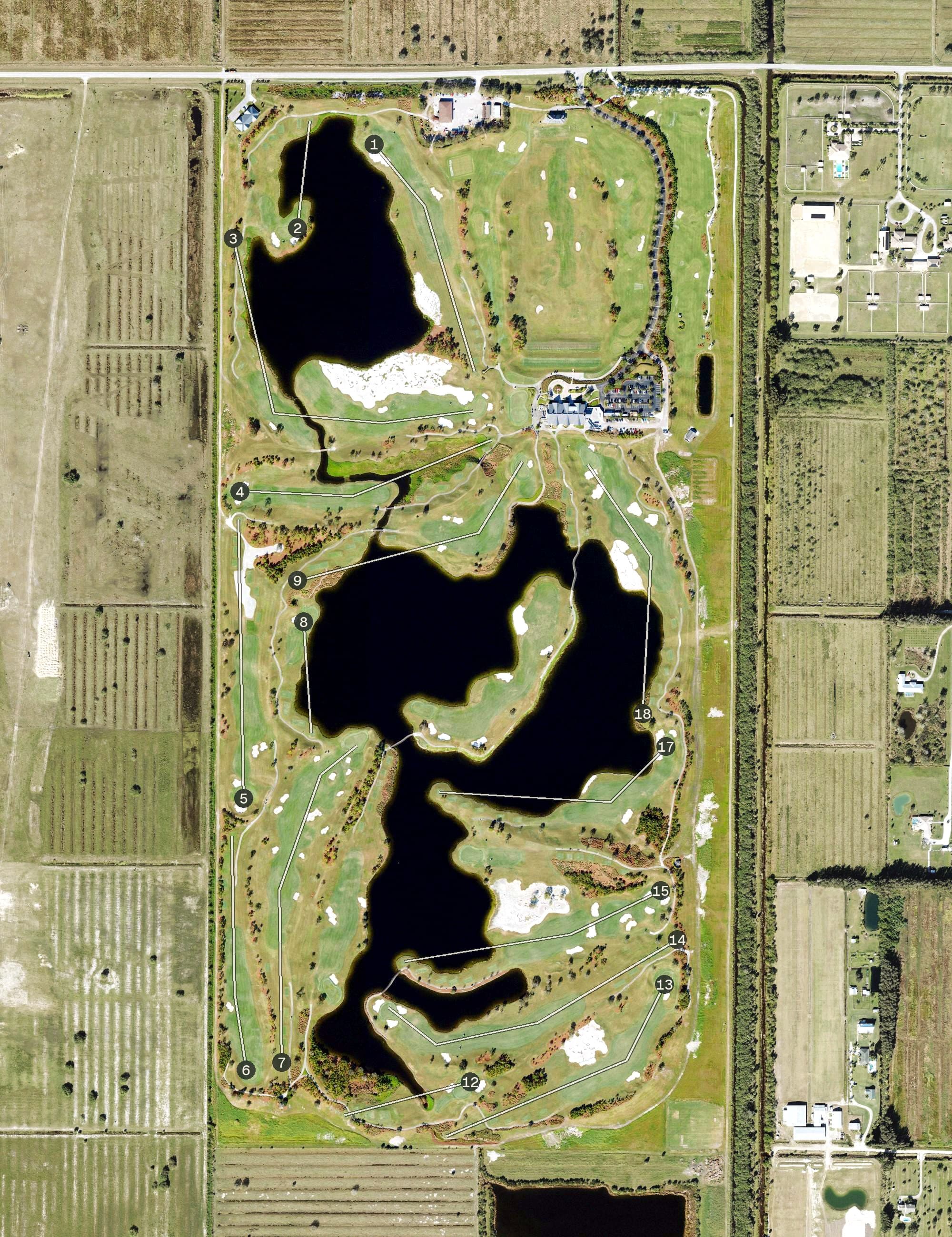 Aerial view of Quail Valley Golf Club, FL, with its hole routing marked