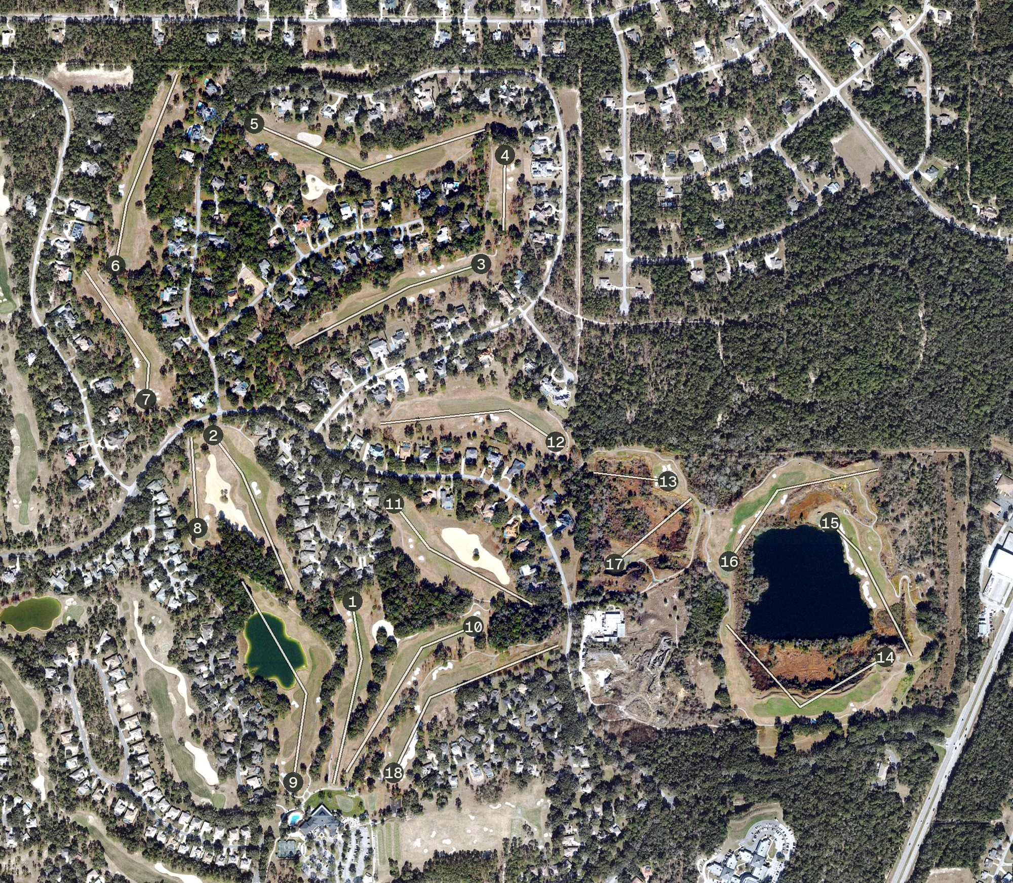 Aerial view of Quarry Course, FL, with its hole routing marked