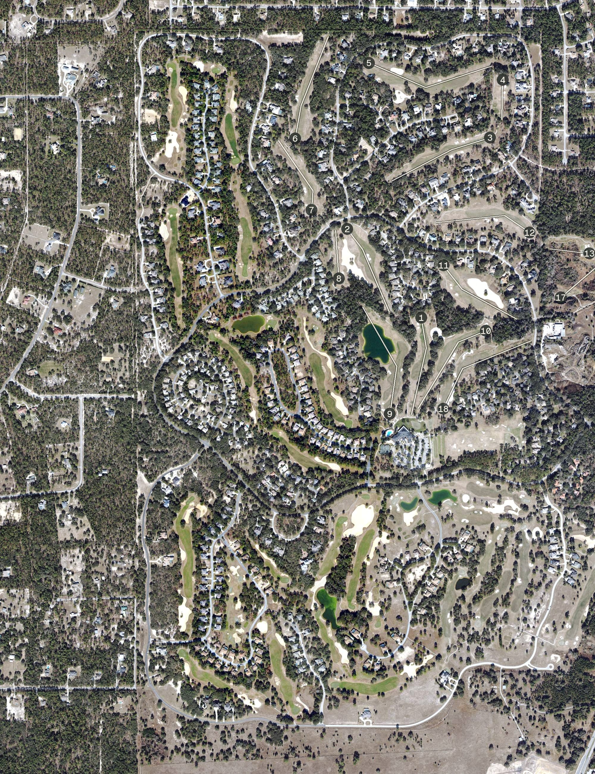 Aerial view of Ranch Course, FL, with its hole routing marked