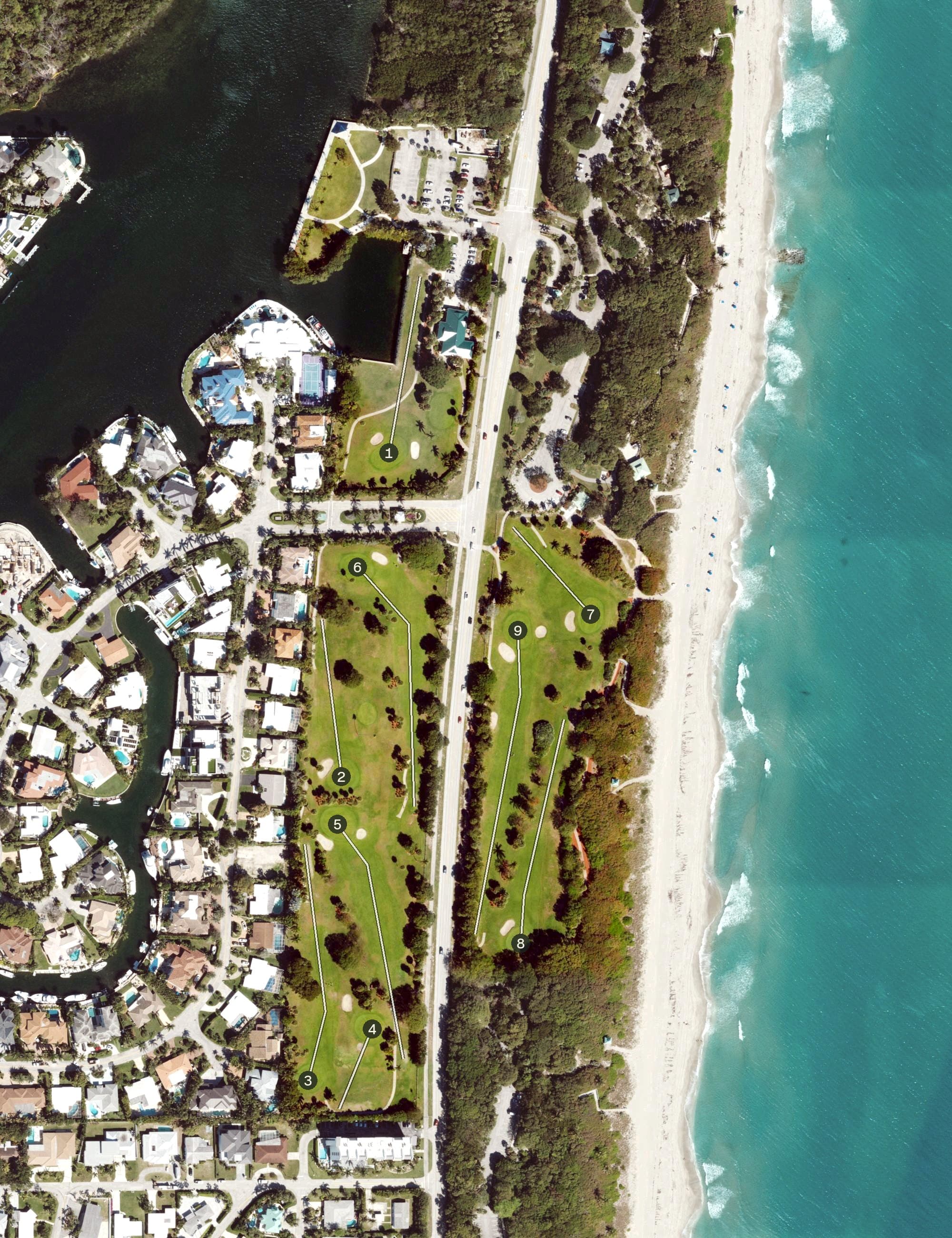 Aerial view of Red Reef Park Executive Golf Course, FL, with its hole routing marked