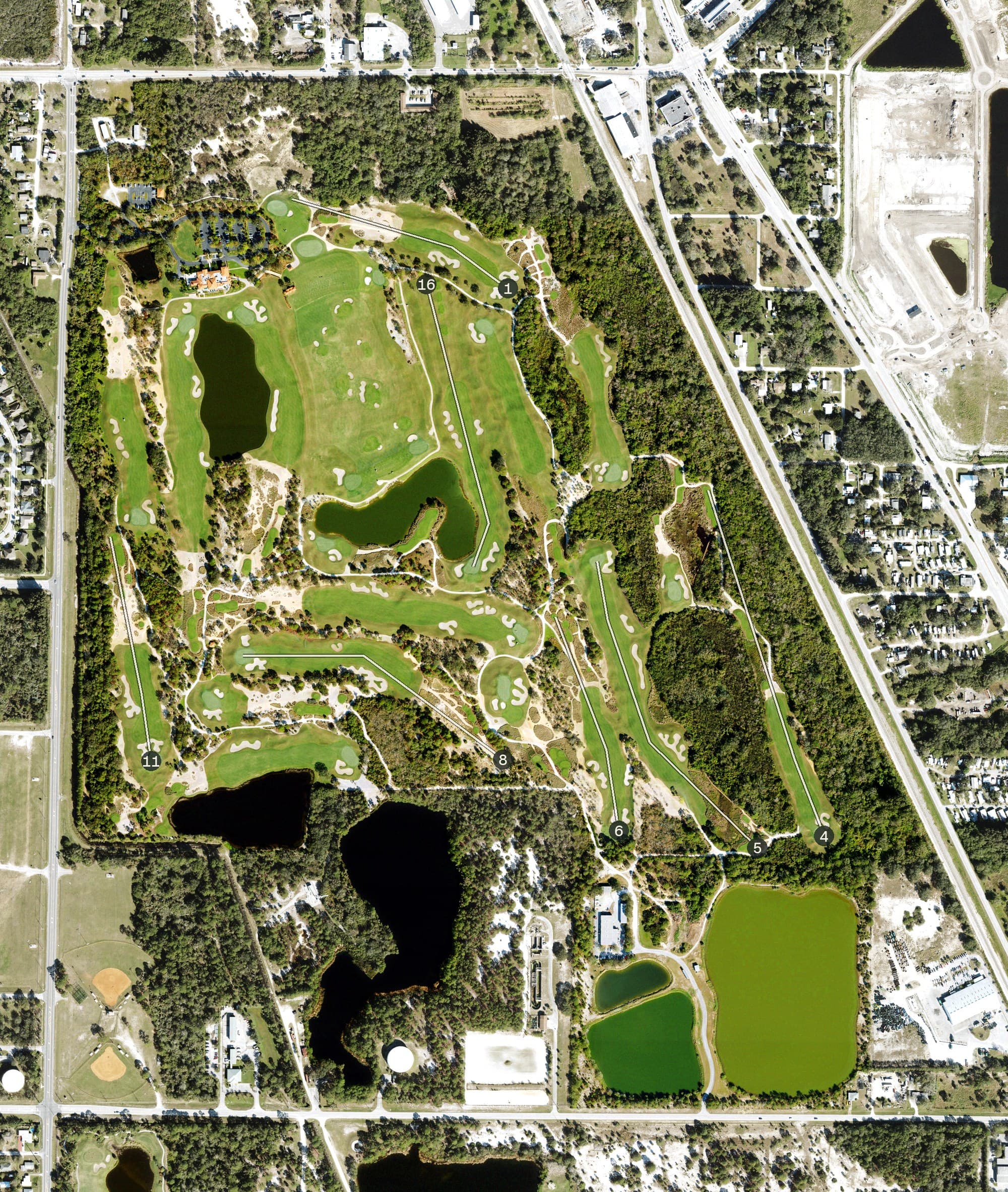 Aerial view of Red Stick Golf Club, FL, with its hole routing marked