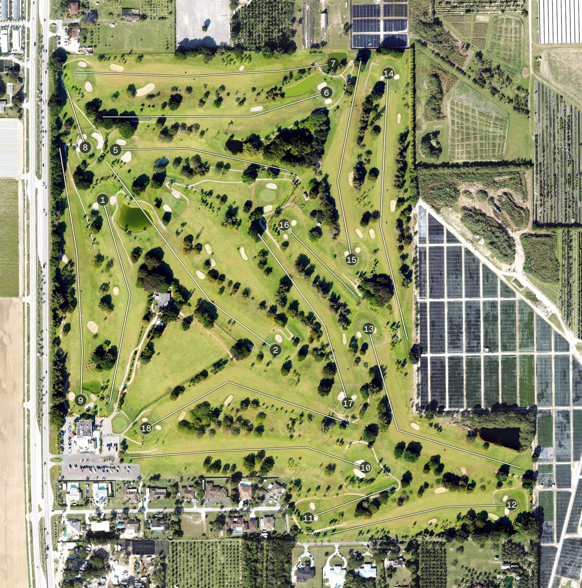 Aerial view of Redland Golf & Country Club, FL, with its hole routing marked