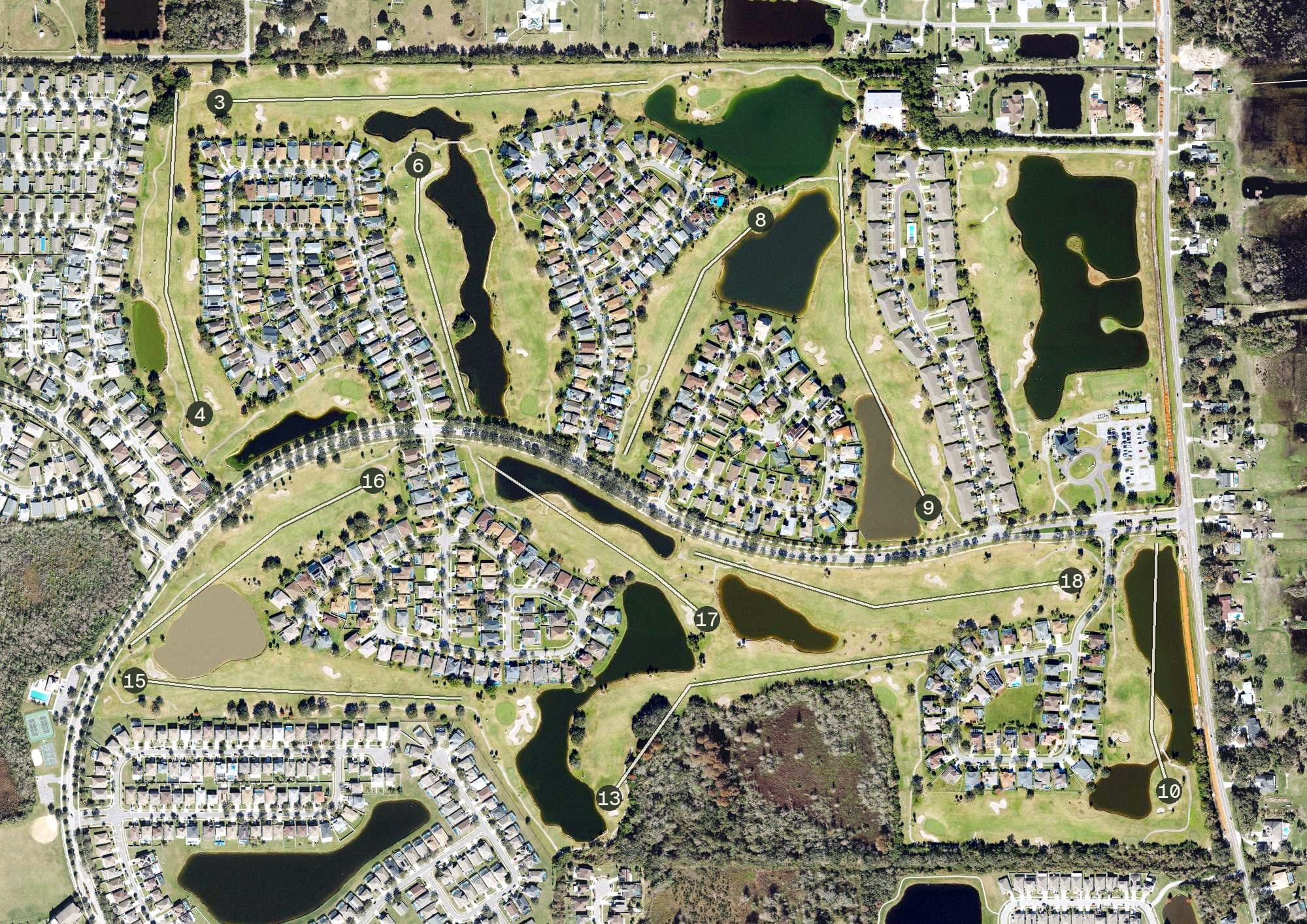 Aerial view of Remington Golf Club, FL, with its hole routing marked