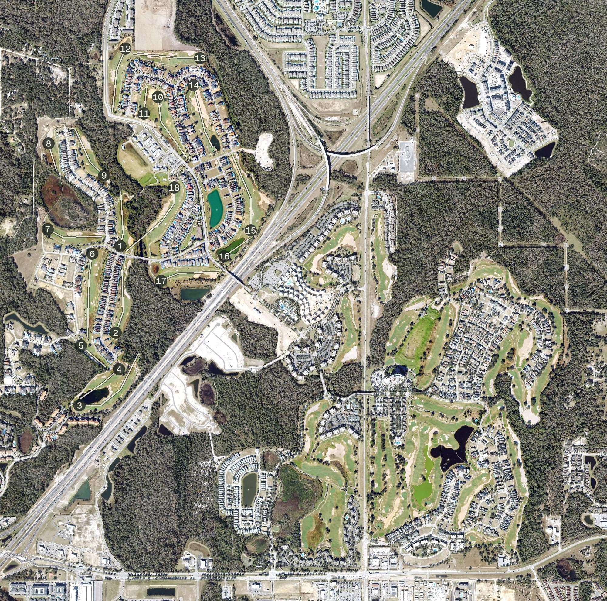 Aerial view of Reunion Resort Golf Course, FL, with its hole routing marked