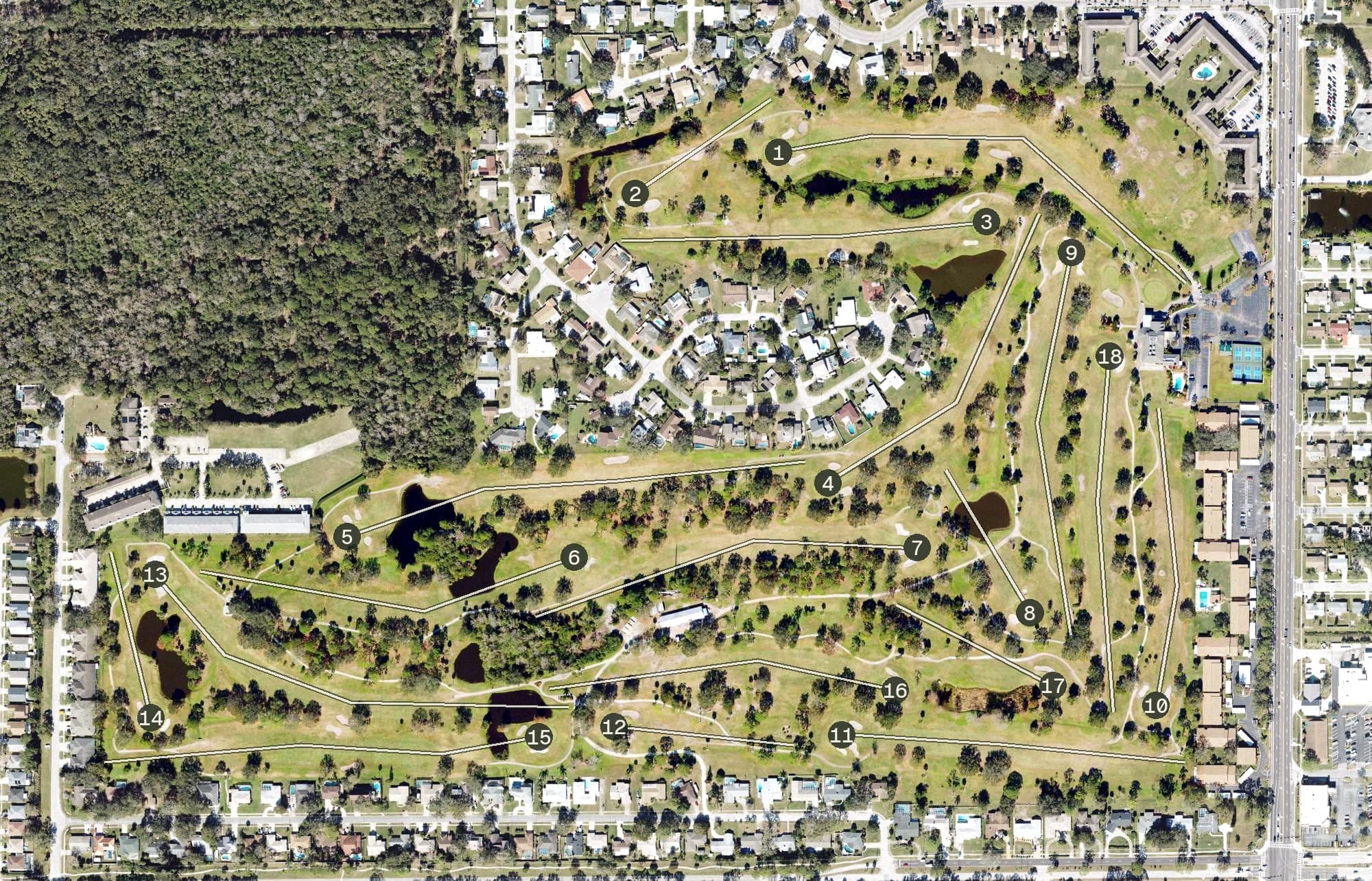 Aerial view of Rockledge Country Club, FL, with its hole routing marked
