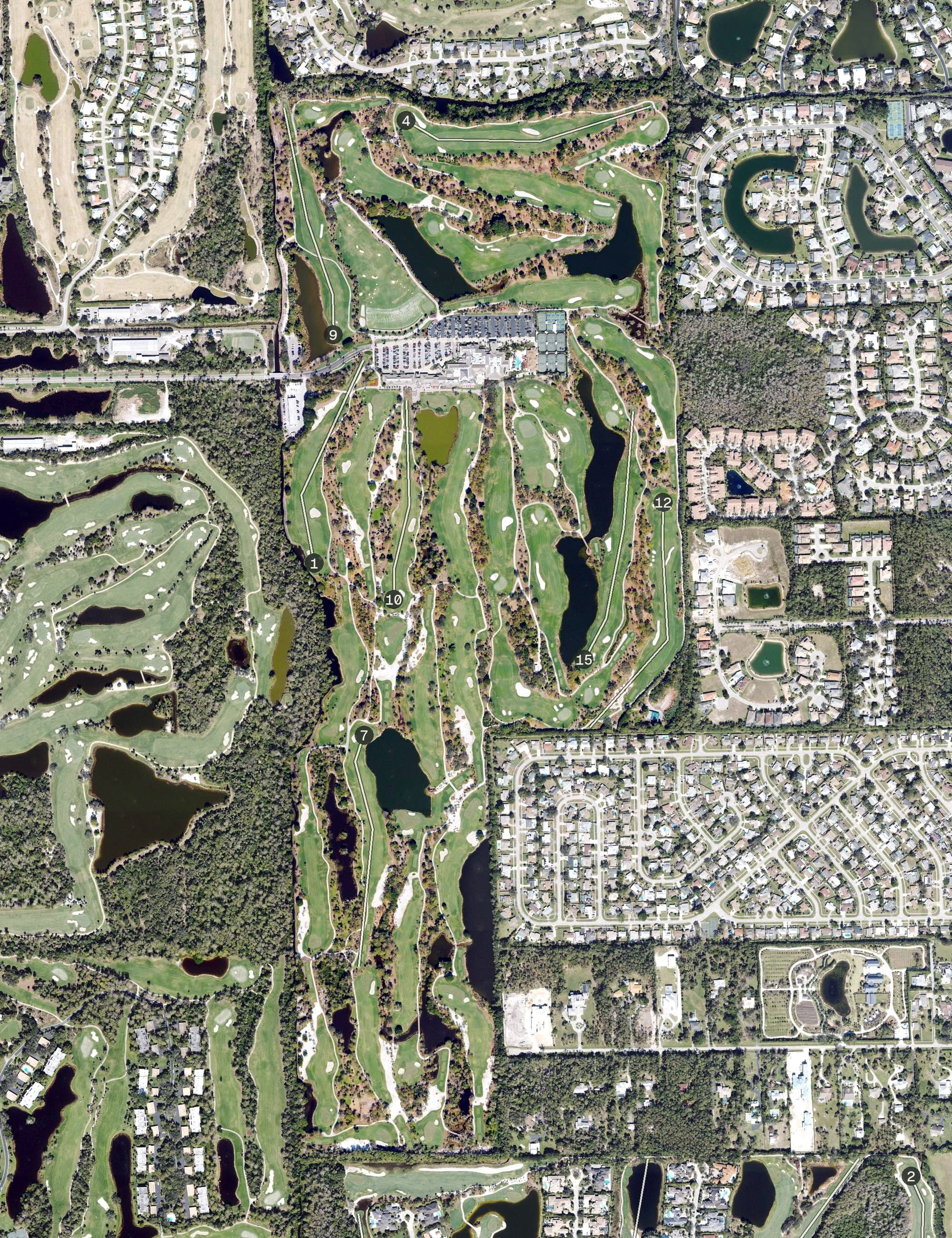 Aerial view of Royal Poinciana Golf Club, FL, with its hole routing marked
