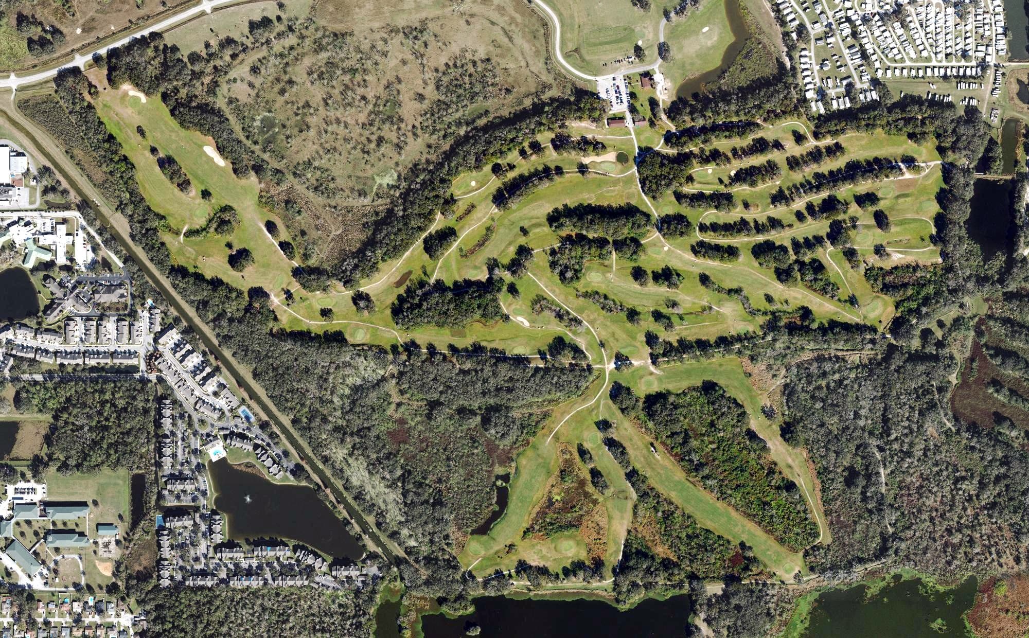 Aerial view of Sanlan Golf Course, FL, with its hole routing marked