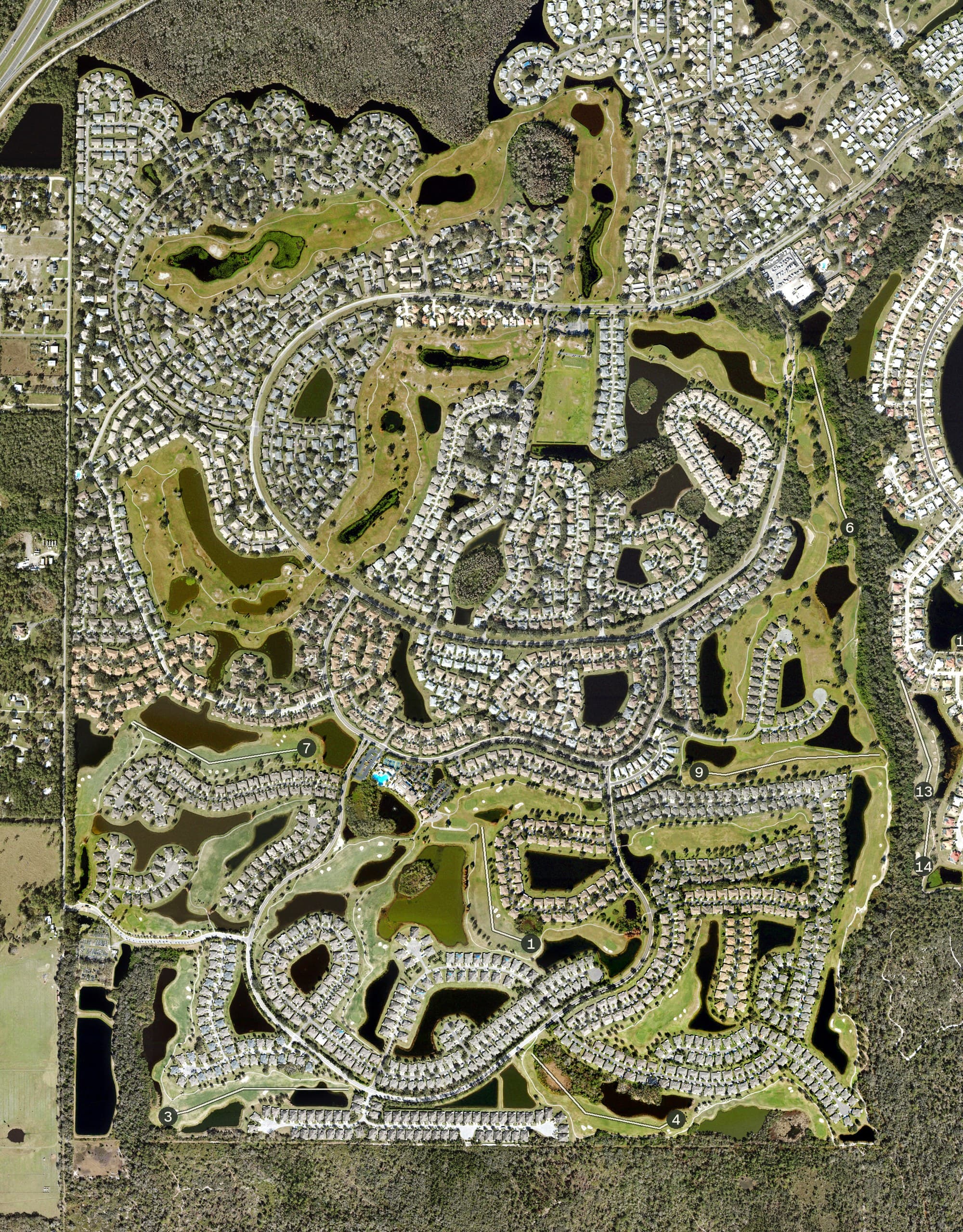 Aerial view of Scepter Golf Club, FL, with its hole routing marked