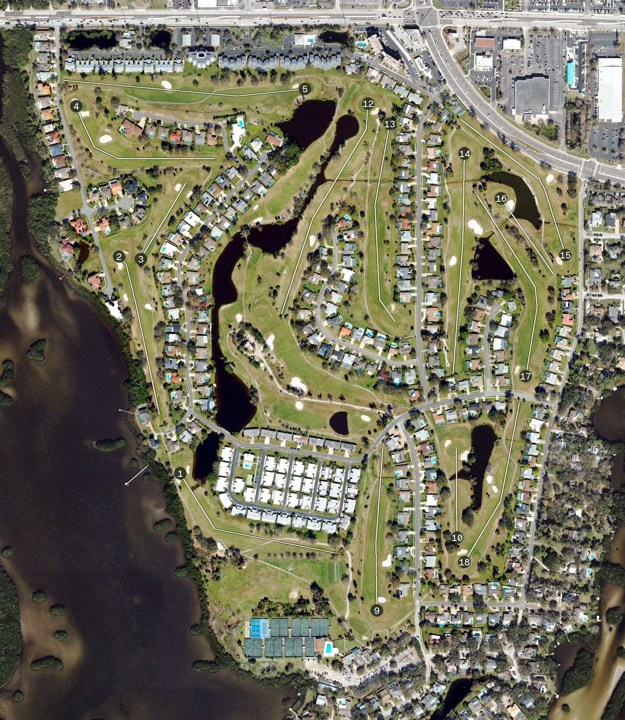 Aerial view of Seminole Lakes, FL, with its hole routing marked