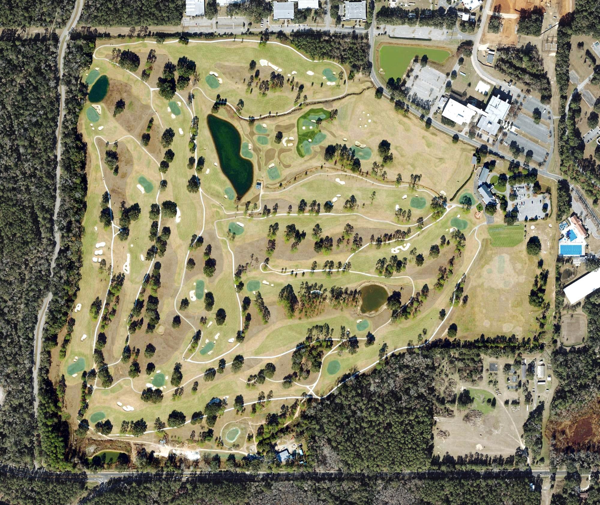 Aerial view of Seminole Legacy Golf Club, FL, with its hole routing marked