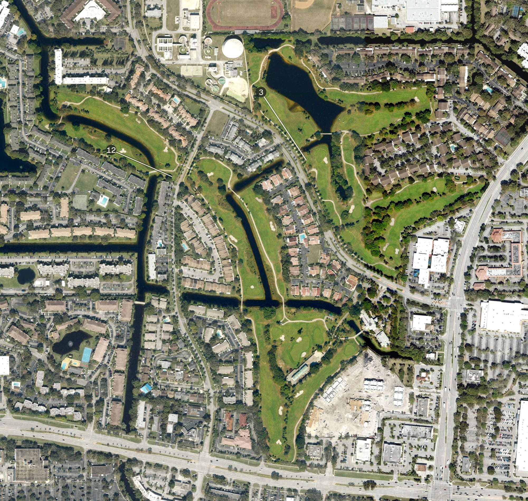 Aerial view of Seven Bridges at Springtree, FL, with its hole routing marked