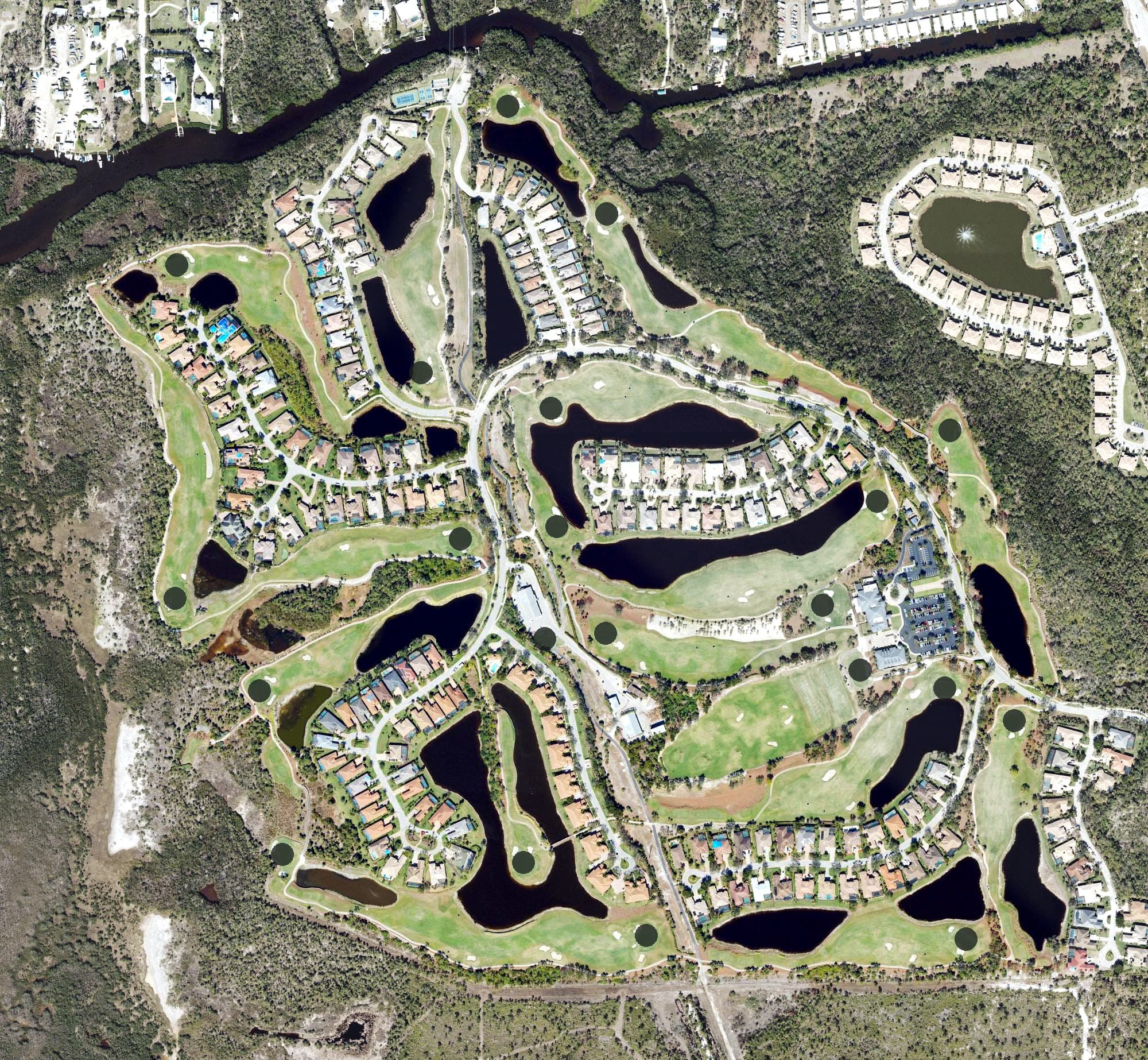 Aerial view of Shadow Wood Preserve, FL, with its hole routing marked