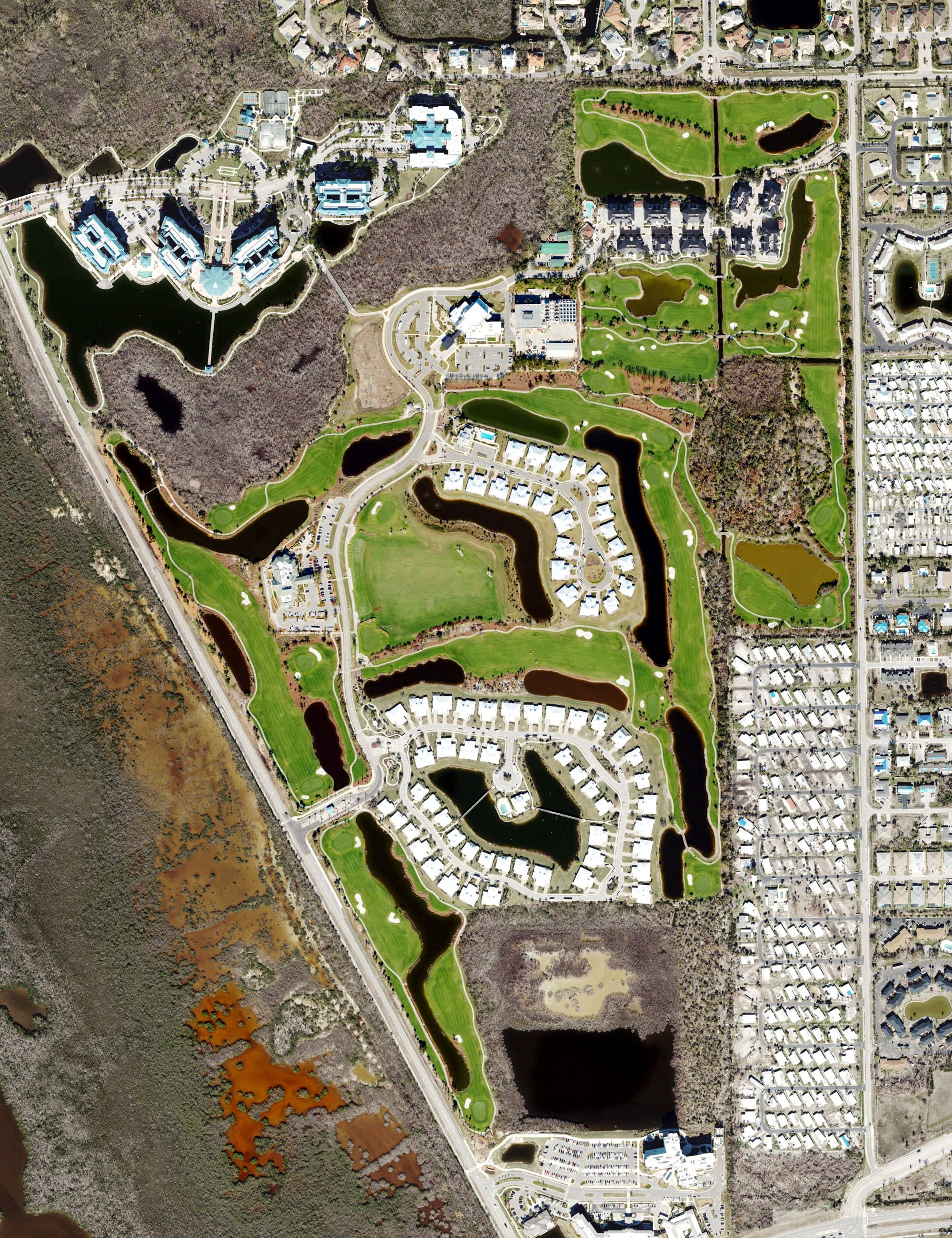 Aerial view of Shell Point Golf Club, FL, with its hole routing marked