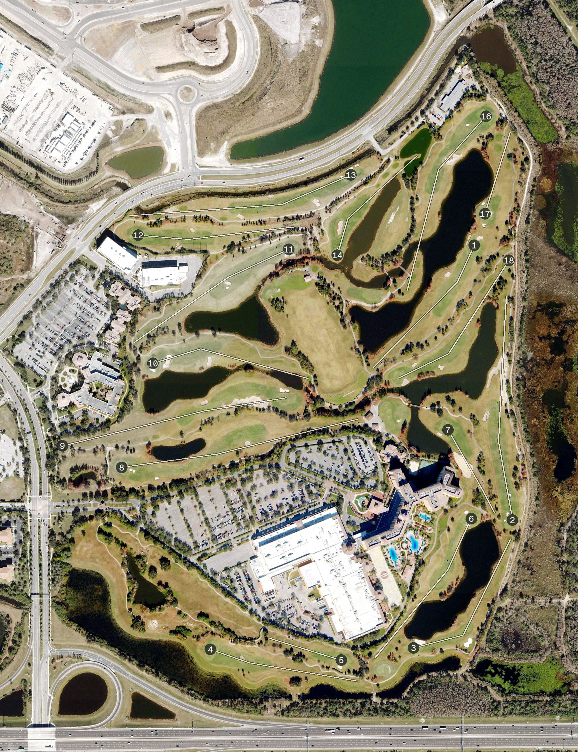 Aerial view of Shingle Creek Golf Club, FL, with its hole routing marked