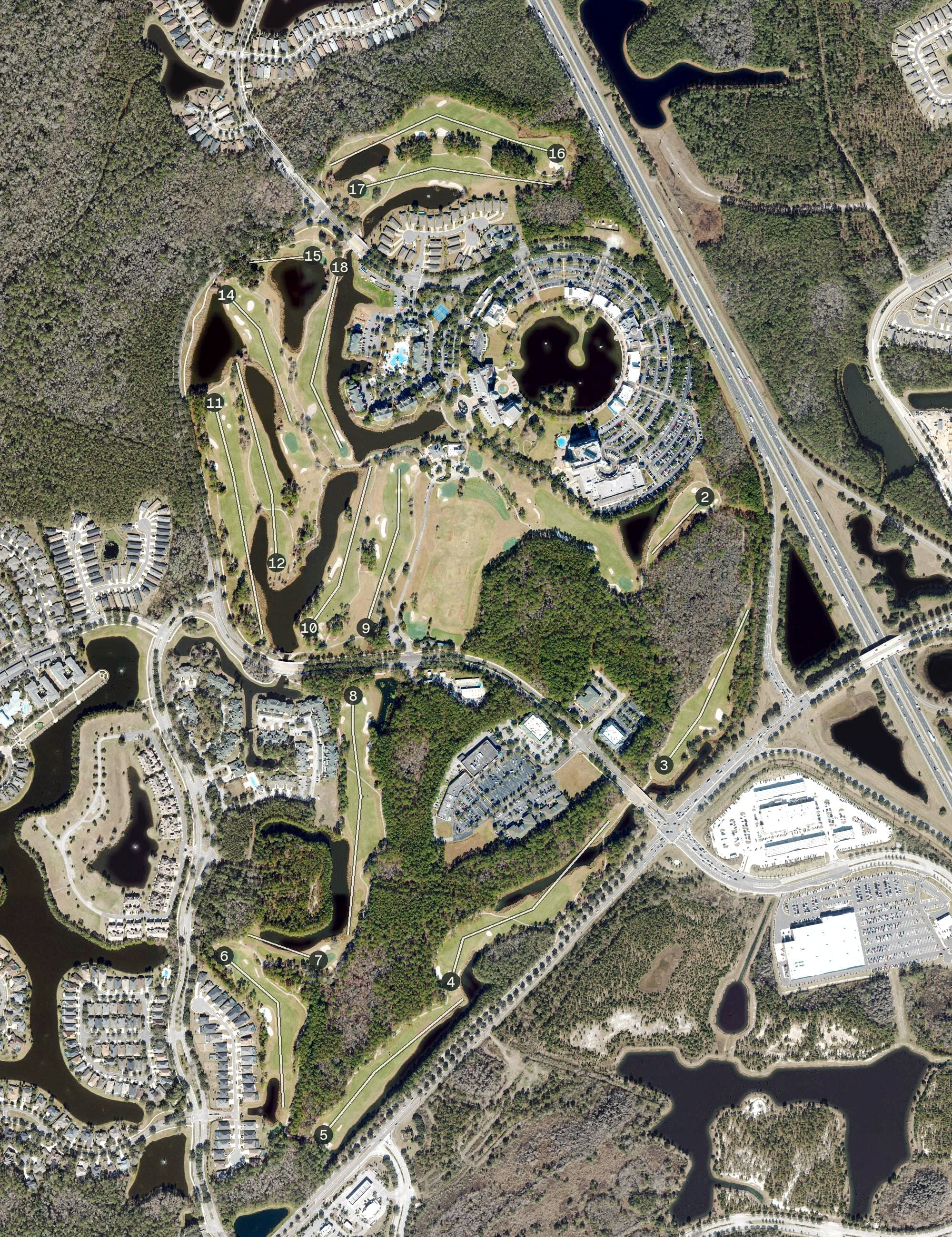 Aerial view of Slammer & Squire, FL, with its hole routing marked