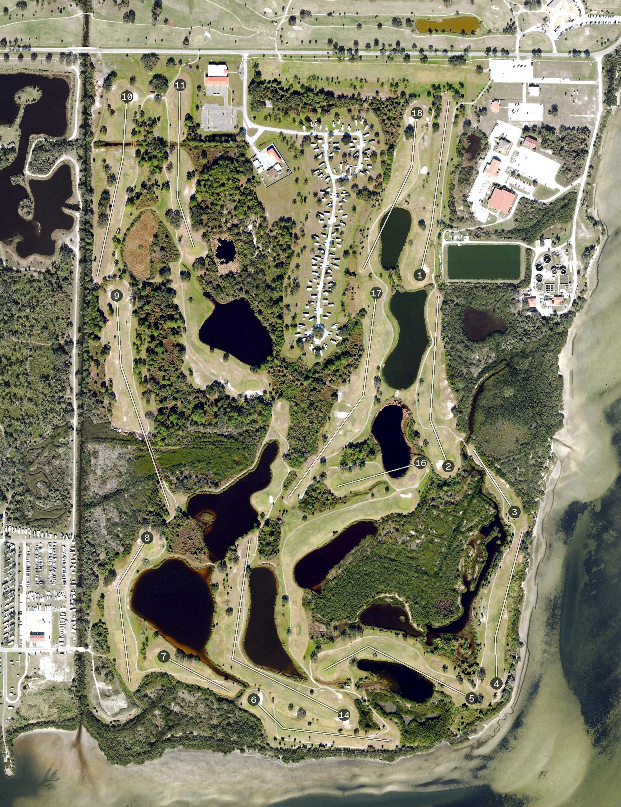 Aerial view of South Course, FL, with its hole routing marked