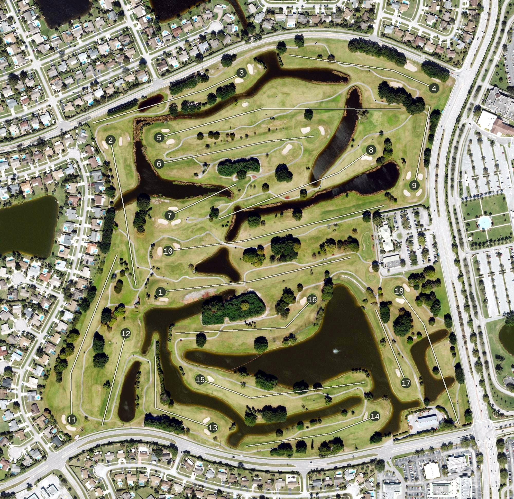 Aerial view of Southwinds Golf Course, FL, with its hole routing marked