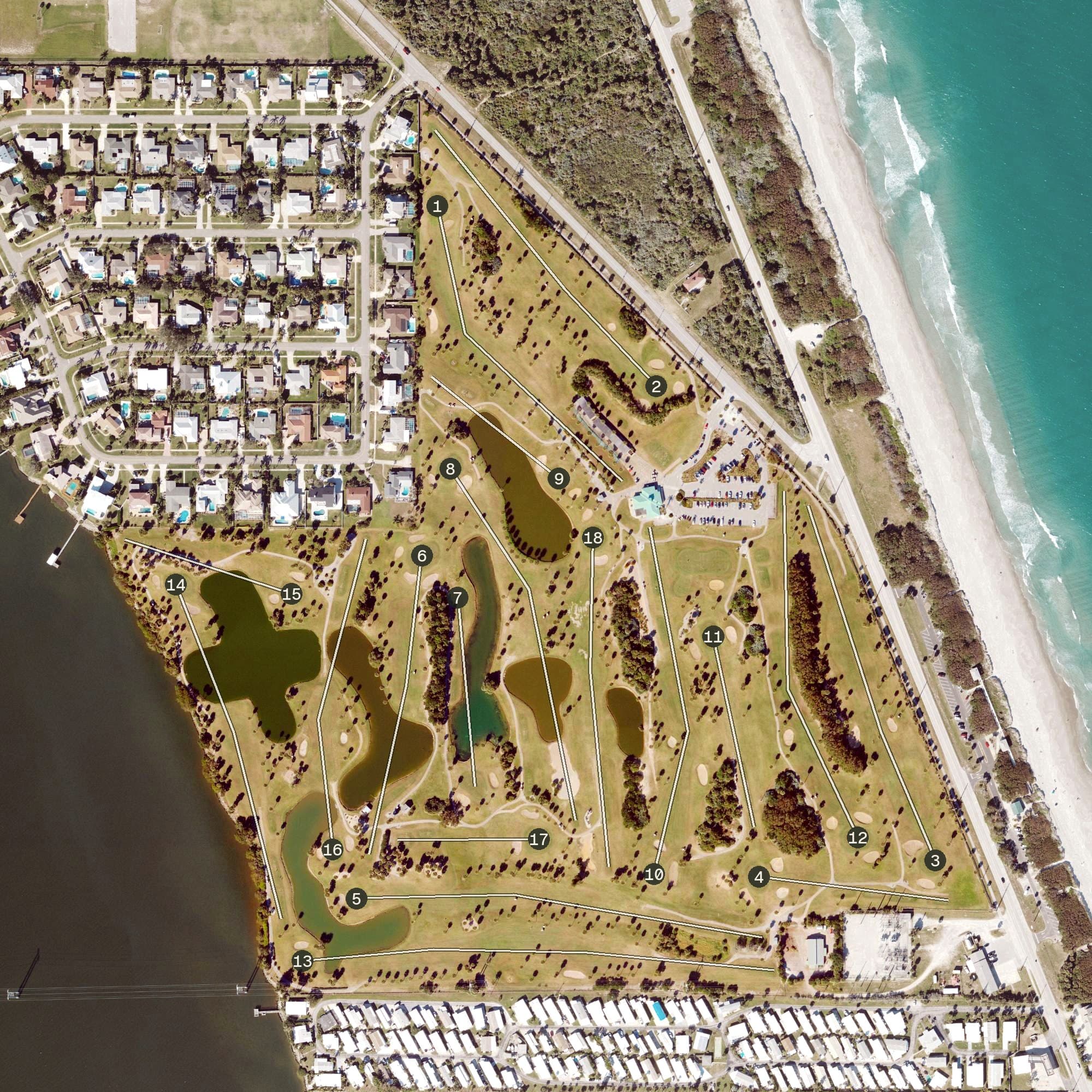 Aerial view of Spessard Holland Golf Course, FL, with its hole routing marked