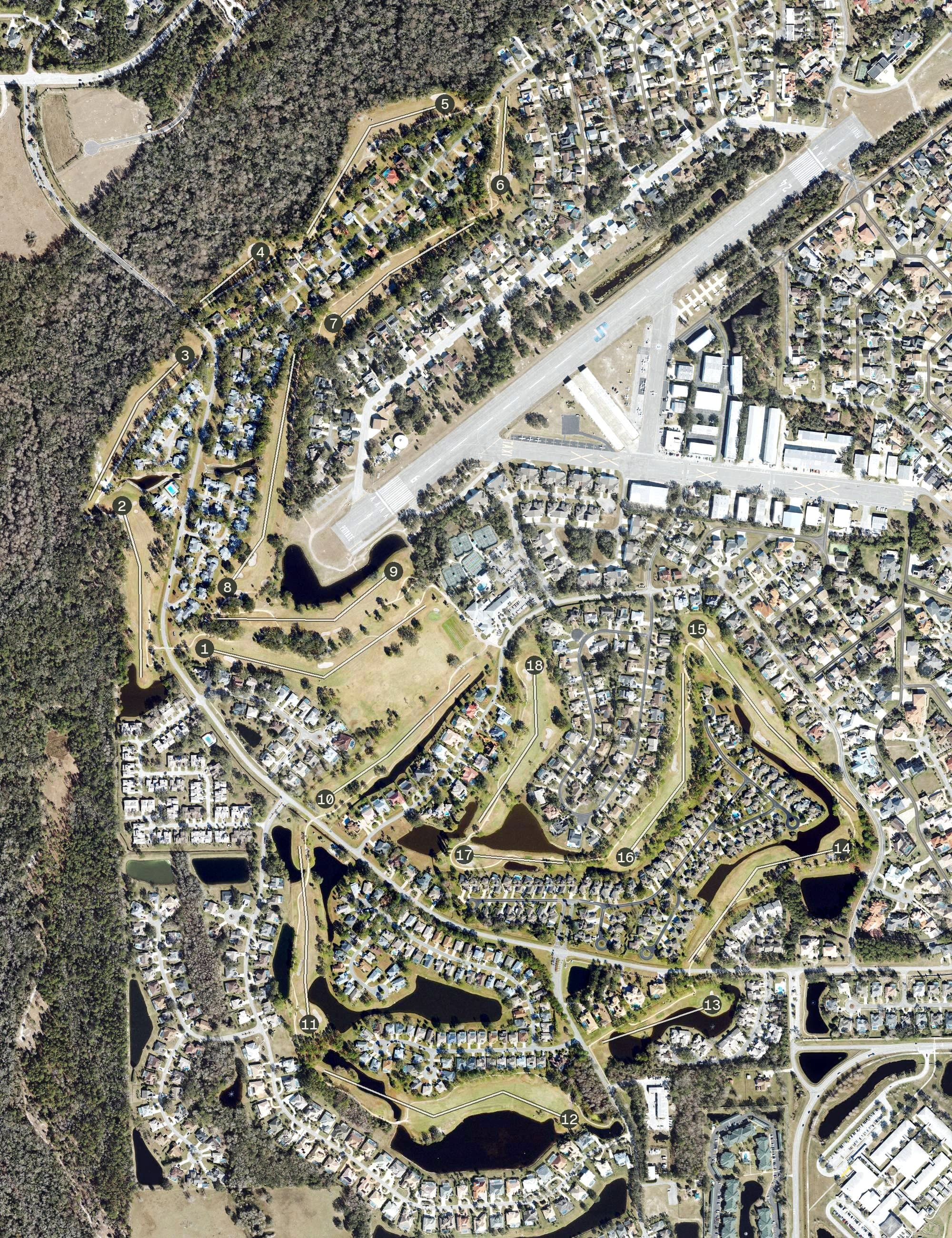 Aerial view of Spruce Creek Country Club, FL, with its hole routing marked