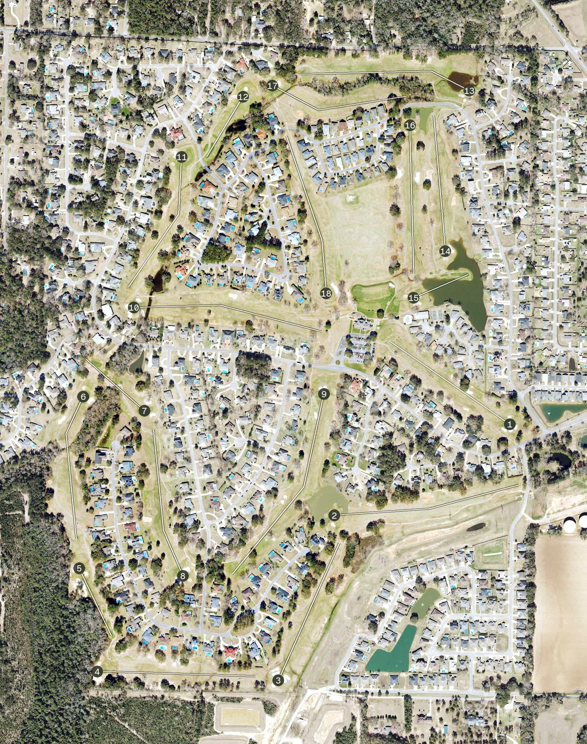 Aerial view of Stonebrook Golf Club, FL, with its hole routing marked