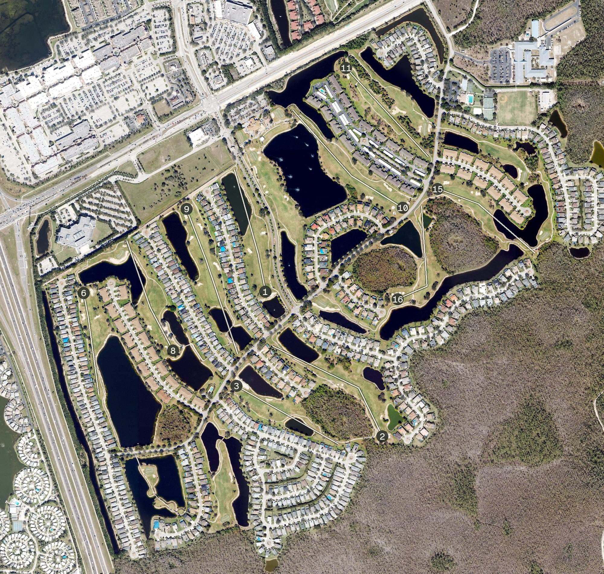Aerial view of Stoneybrook Golf Club-Estero, FL, with its hole routing marked