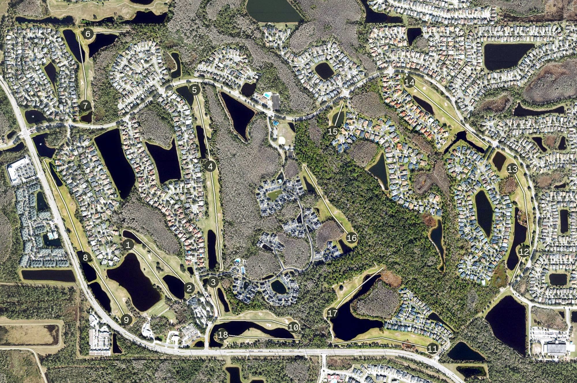 Aerial view of Stoneybrook Golf Course, FL, with its hole routing marked