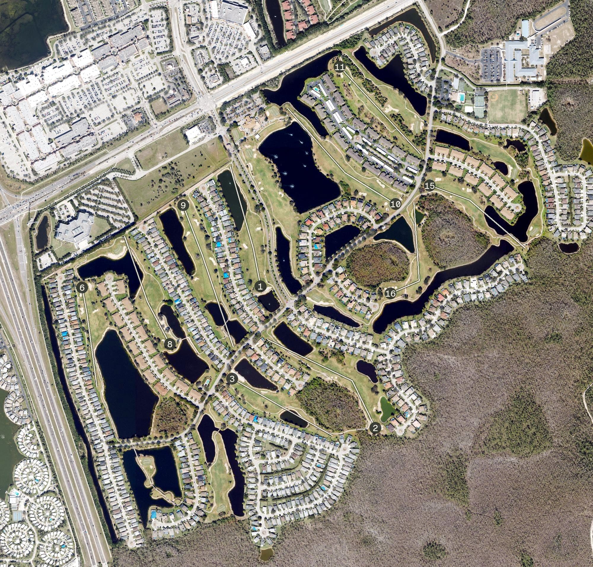 Aerial view of Stoneybrook Golf Course, FL, with its hole routing marked