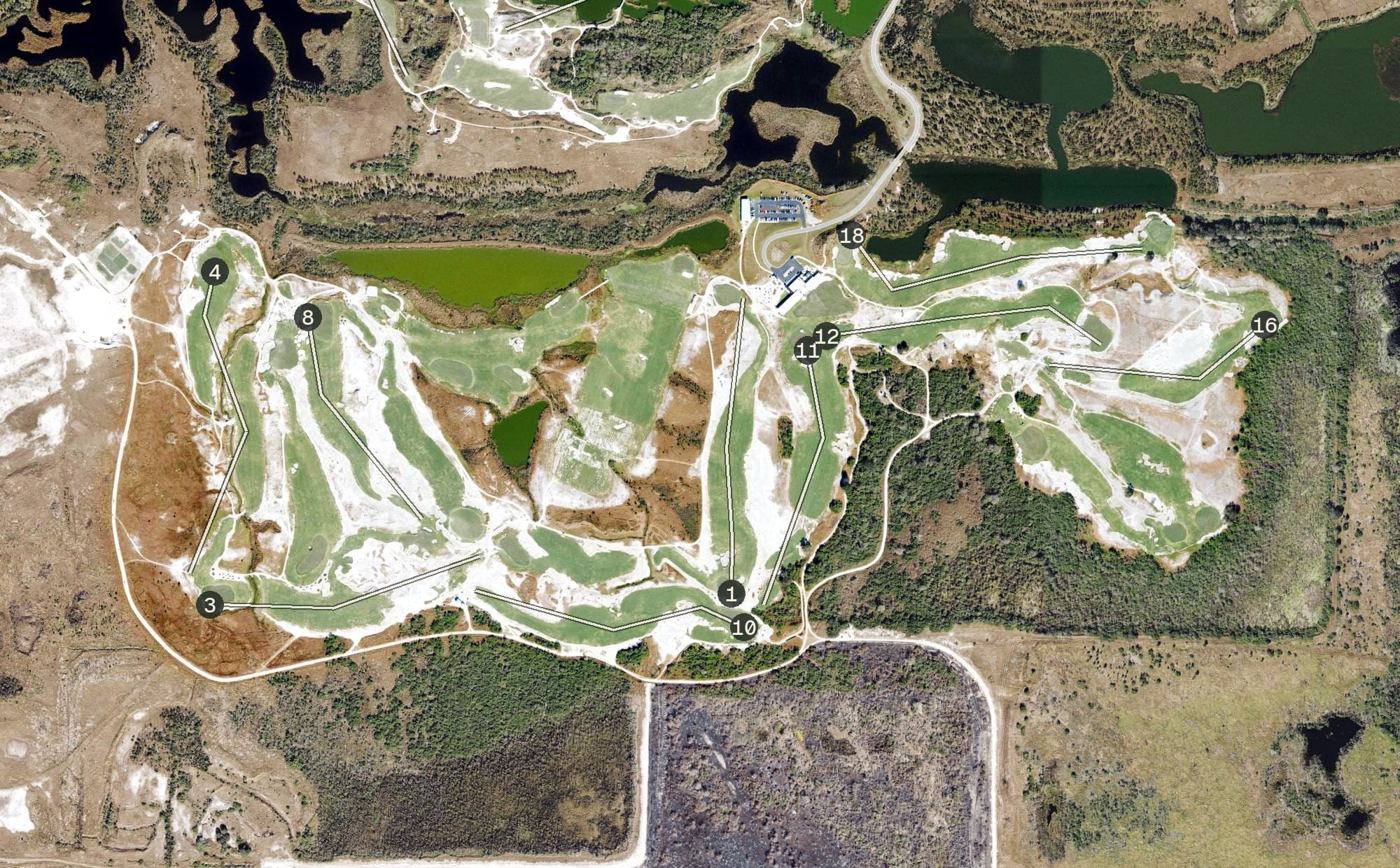 Aerial view of Streamsong Resort - Black Course, FL, with its hole routing marked