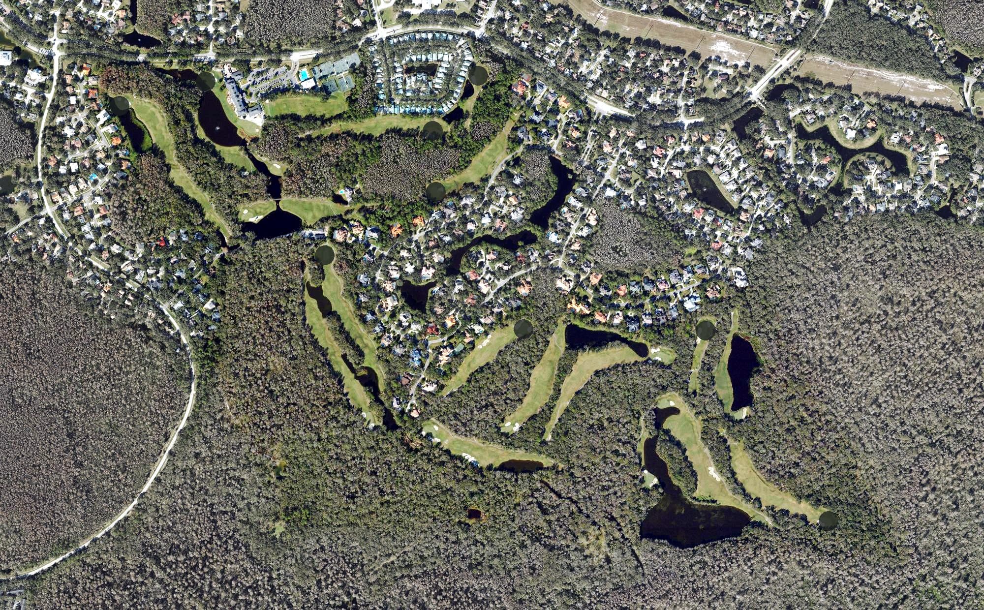 Aerial view of Tampa Palms Country Club, FL, with its hole routing marked