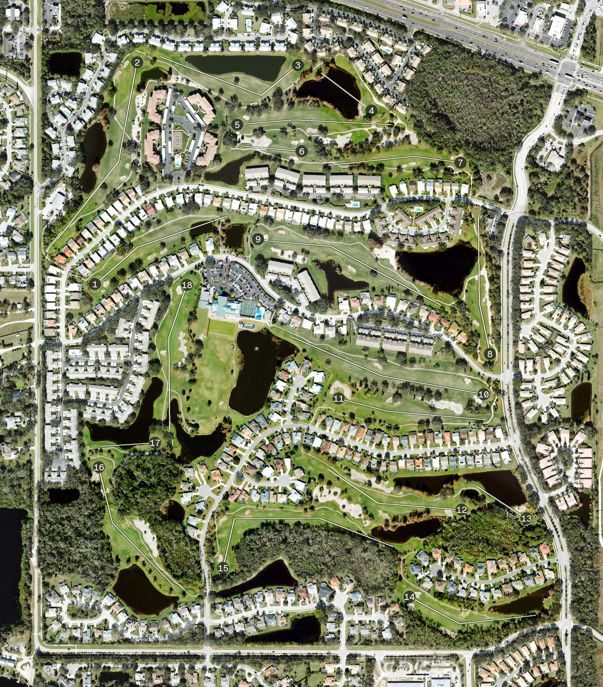 Aerial view of Tara Golf & Country Club, FL, with its hole routing marked