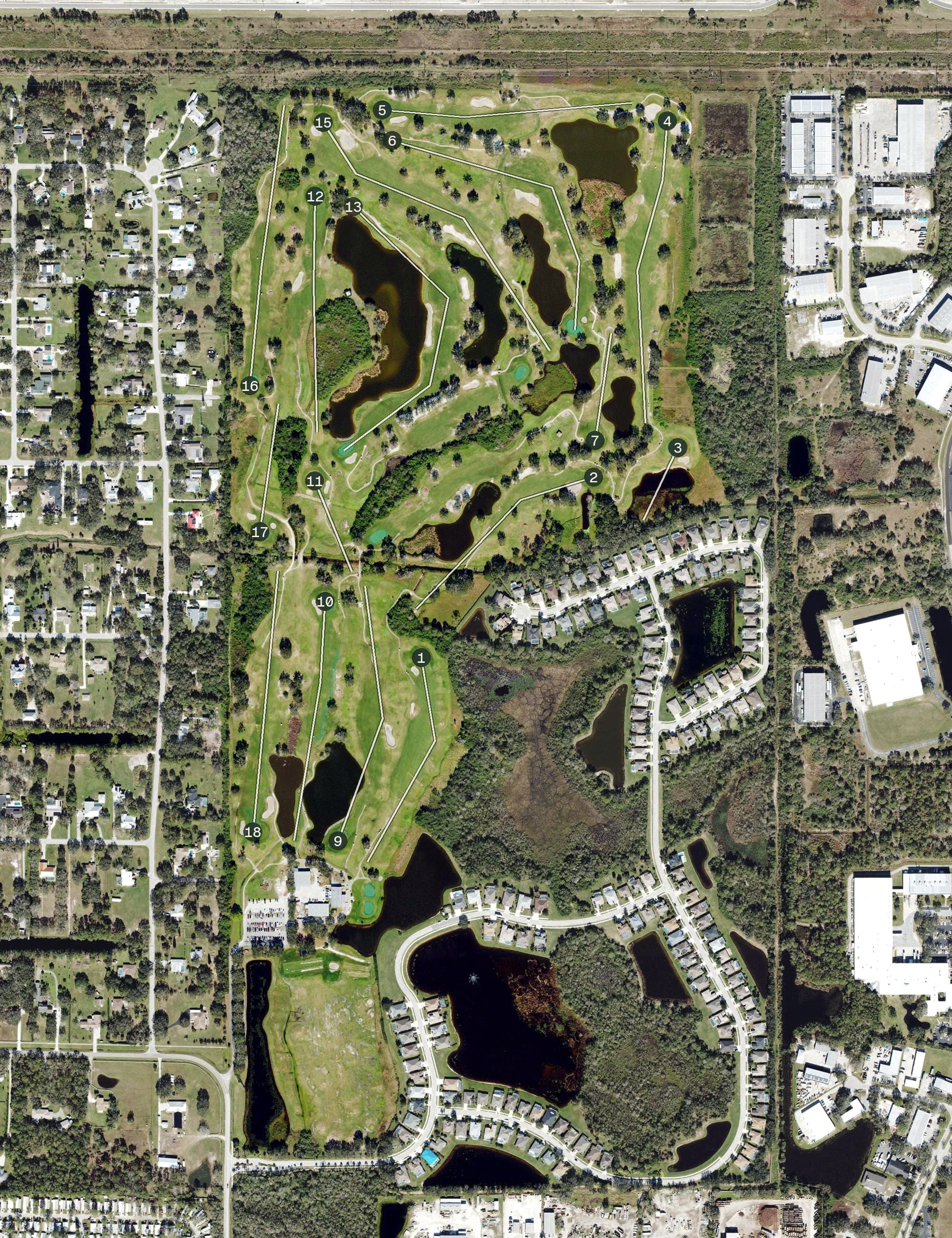Aerial view of Tatum Ridge Golf Links, FL, with its hole routing marked