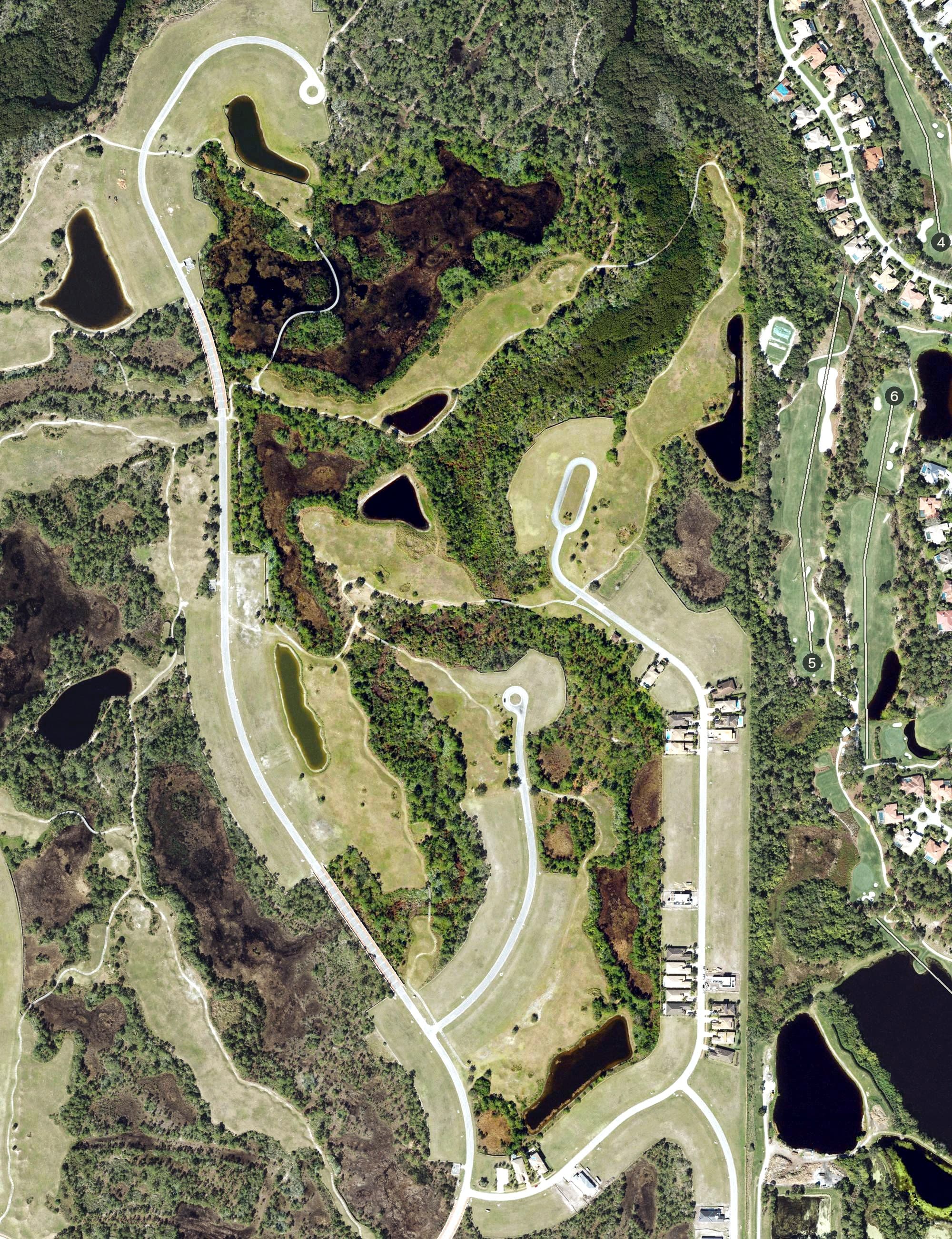 Aerial view of Tesero Golf Club, FL, with its hole routing marked