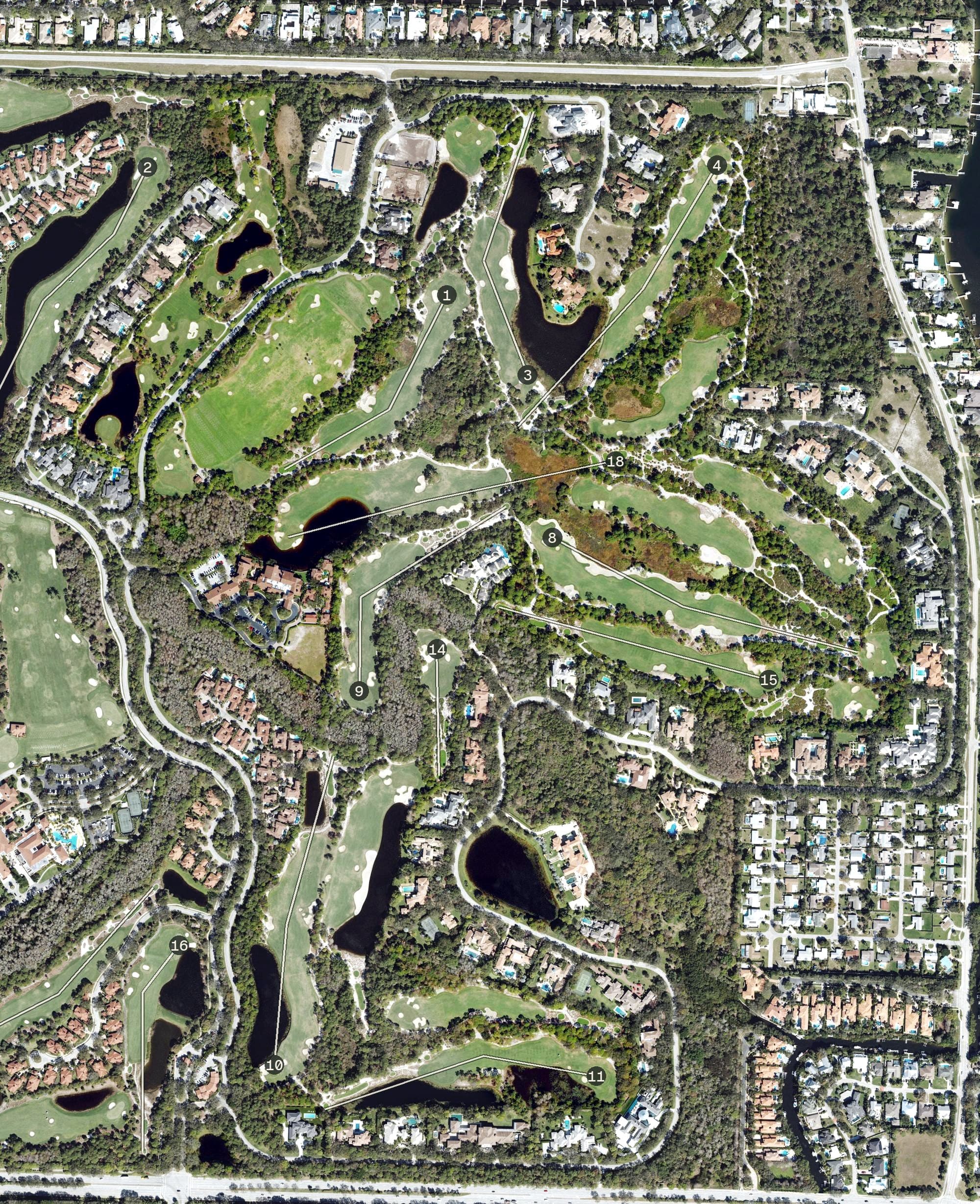 Aerial view of The Bears Club, FL, with its hole routing marked