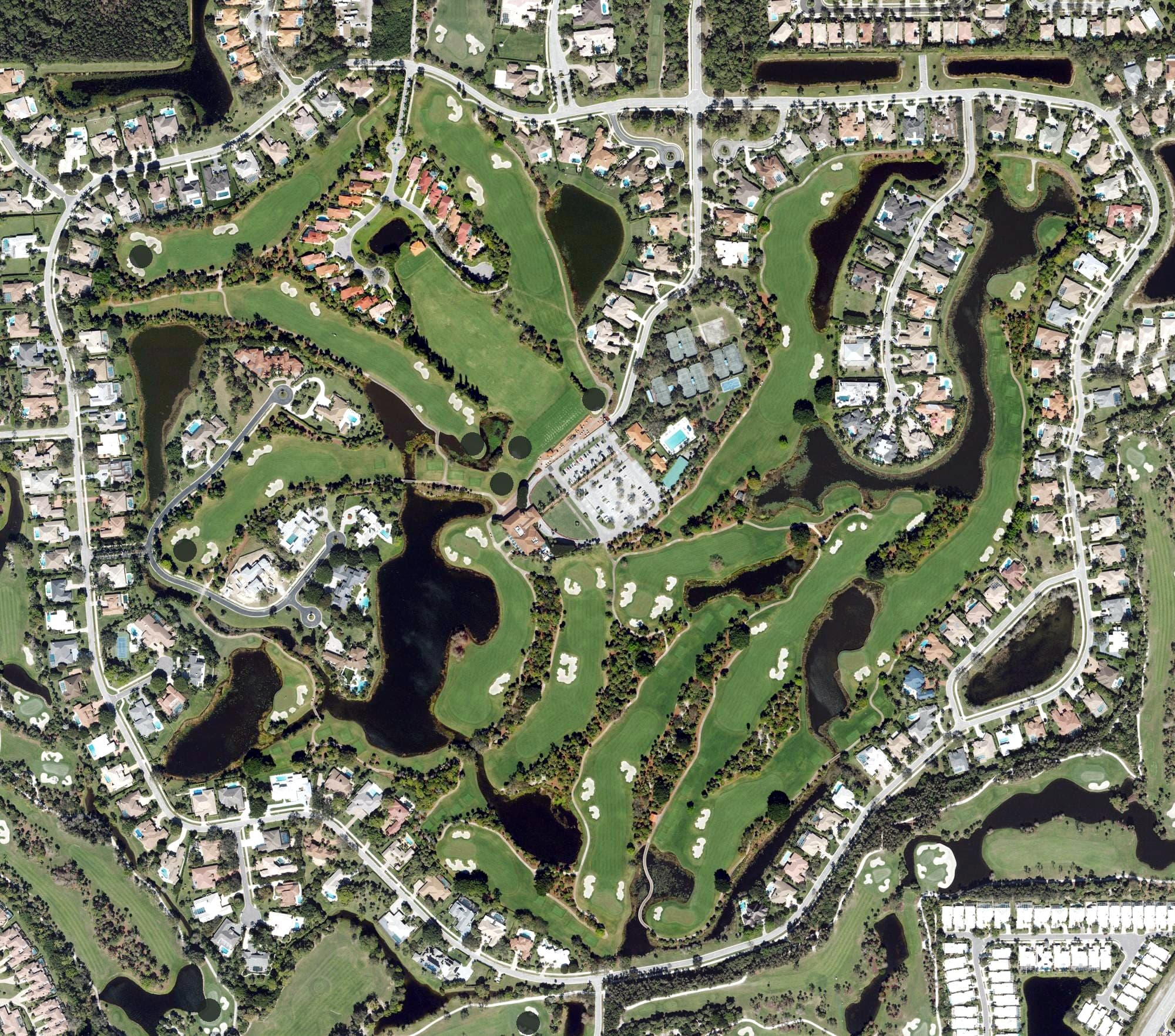 Aerial view of The Breakers Rees Jones Course, FL, with its hole routing marked