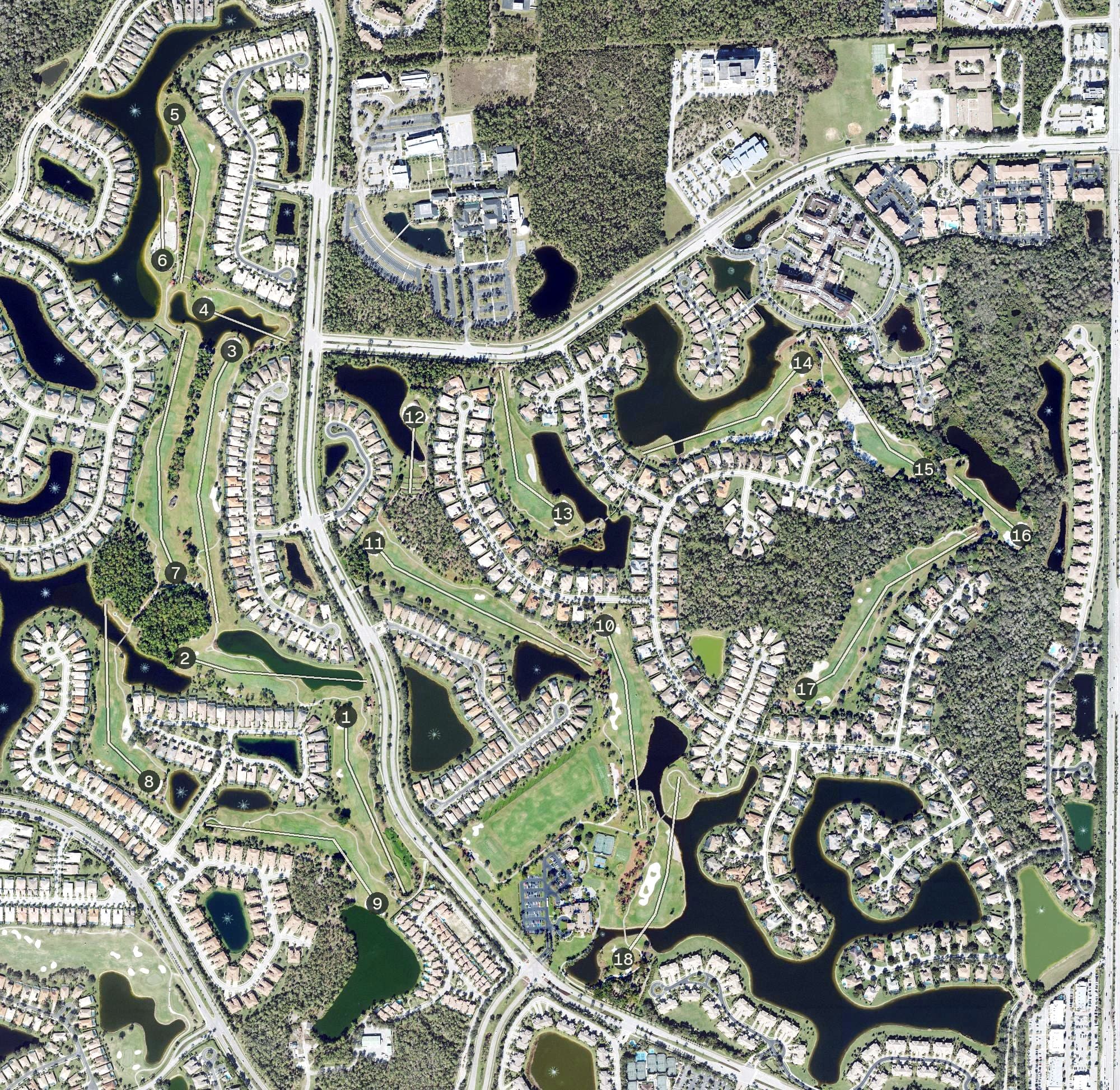 Aerial view of The Classics Course at Lely Resort, FL, with its hole routing marked