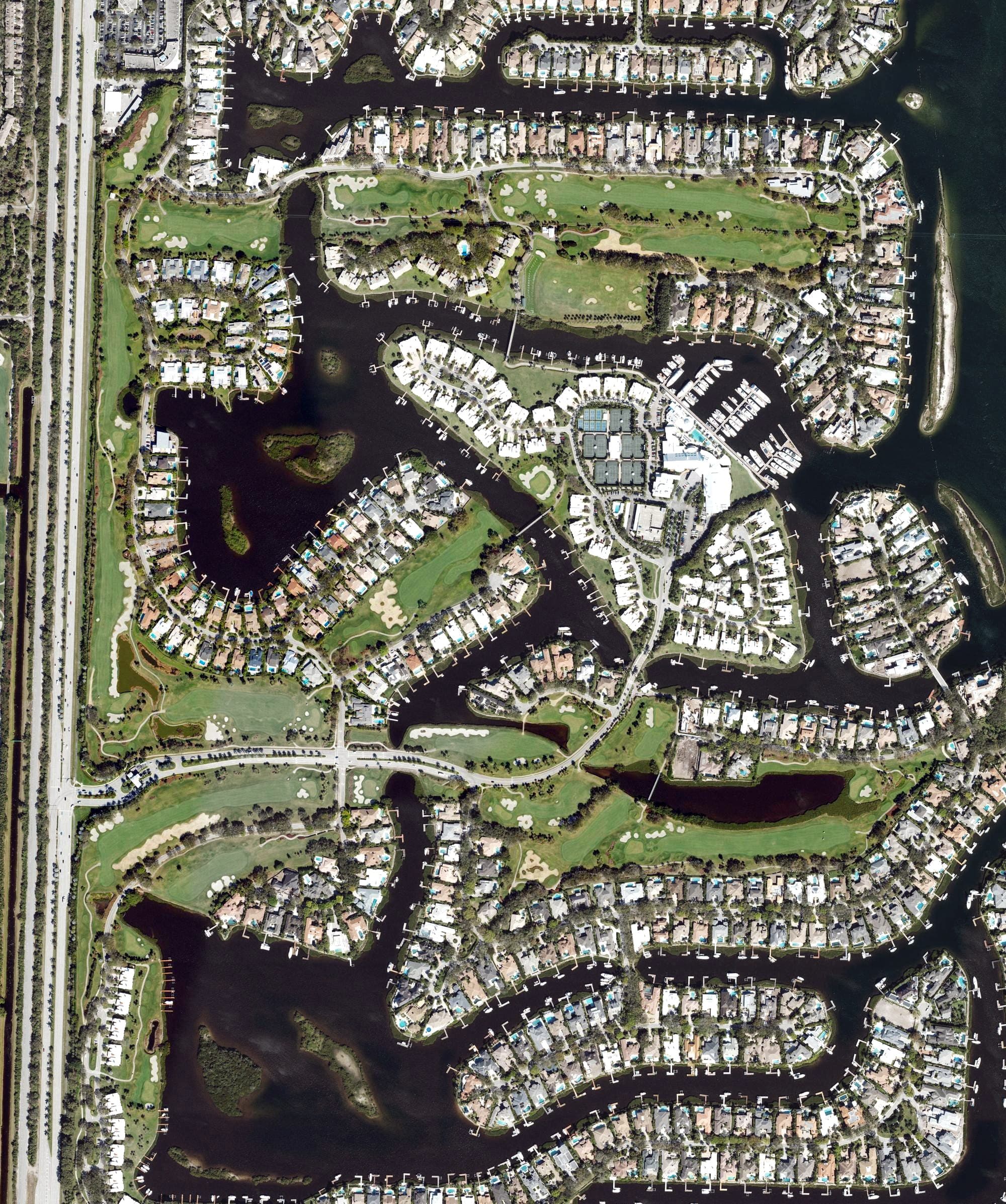 Aerial view of The Club at Admirals Cove - East Course, FL, with its hole routing marked