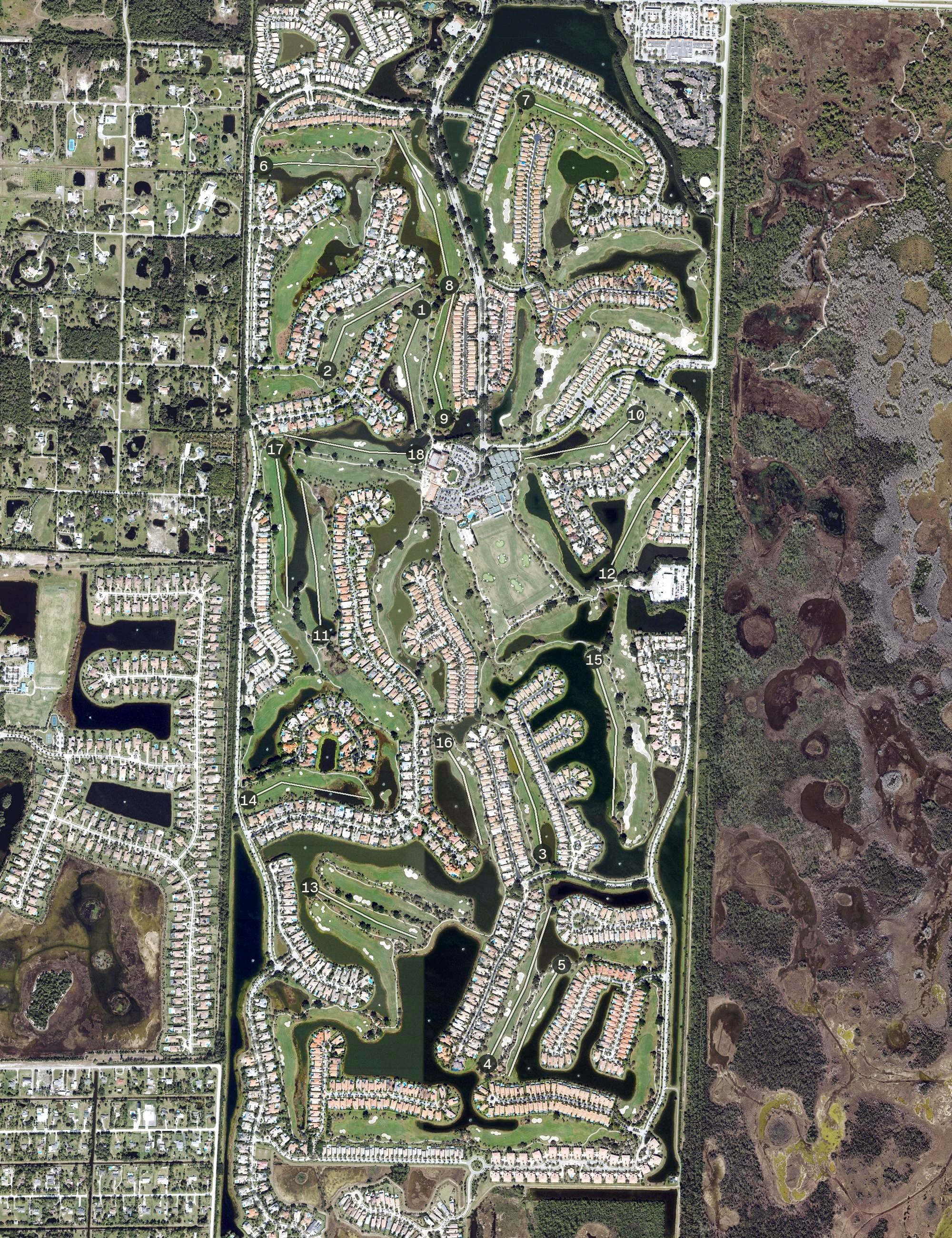 Aerial view of The Club at Ibis, FL, with its hole routing marked