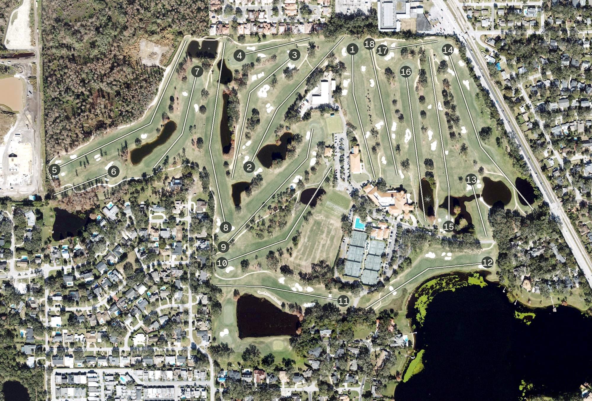 Aerial view of The Country Club Of Orlando, FL, with its hole routing marked