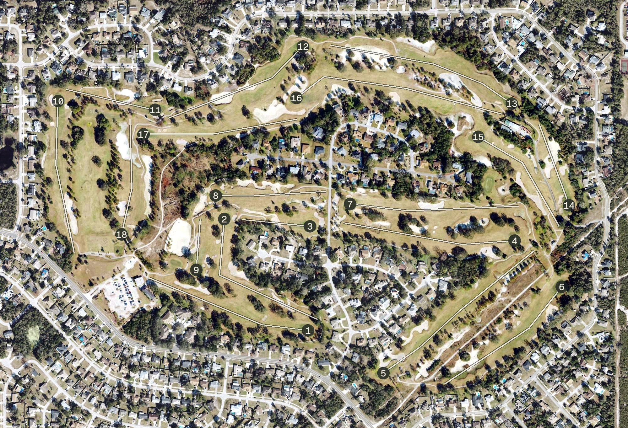Aerial view of The Deltona Club, FL, with its hole routing marked